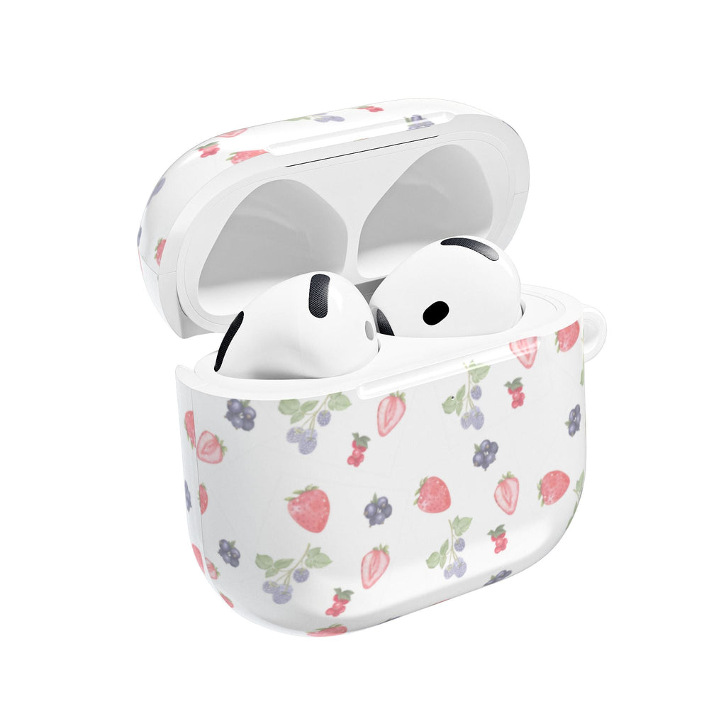 White AirPods case with summer berries print, open lid showing earbuds inside