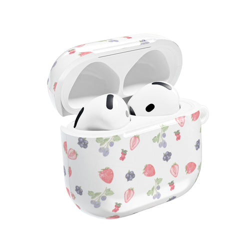 White AirPods case with summer berries print, open lid showing earbuds inside