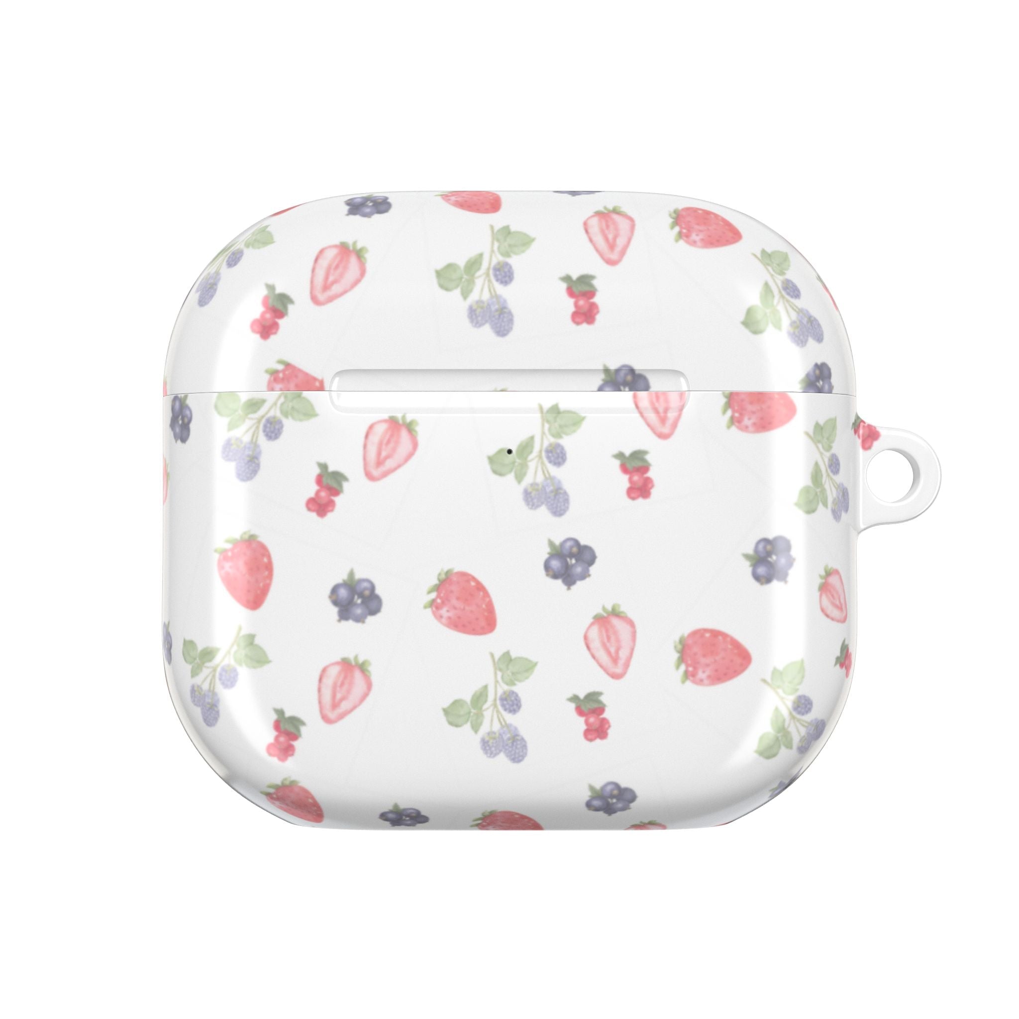 White AirPods case with summer berries print, closed front with latching slot