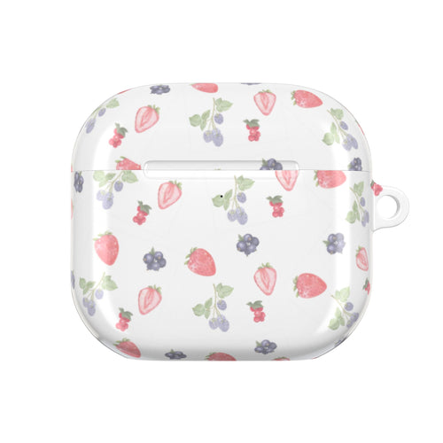 White AirPods case with summer berries print, closed front with latching slot