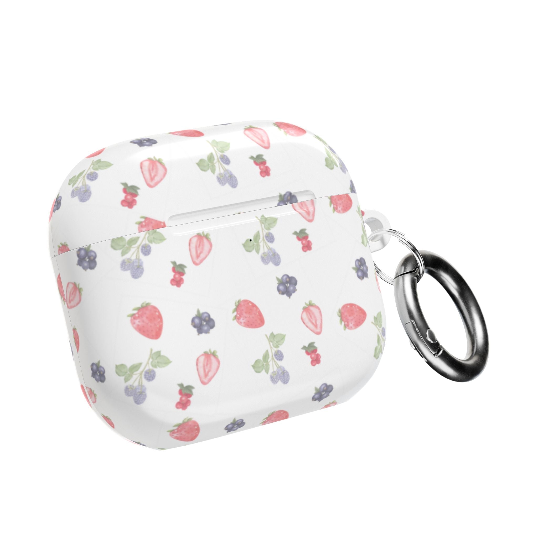 White AirPods case with berry pattern, side view with metal keyring loop