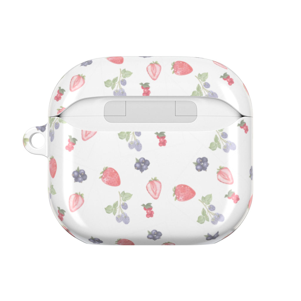 White AirPods case with summer berries print, lid and button area visible