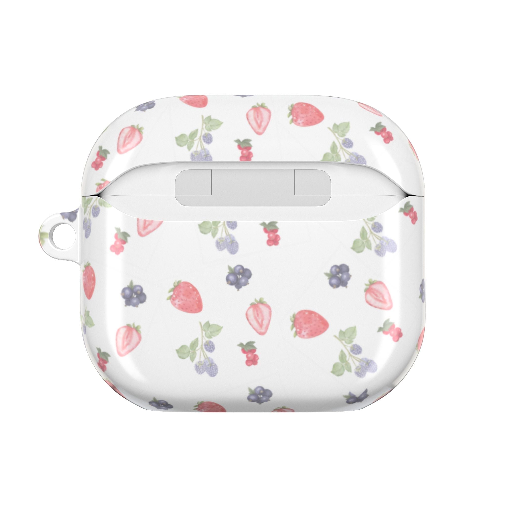 White AirPods case with summer berries print, lid and button area visible