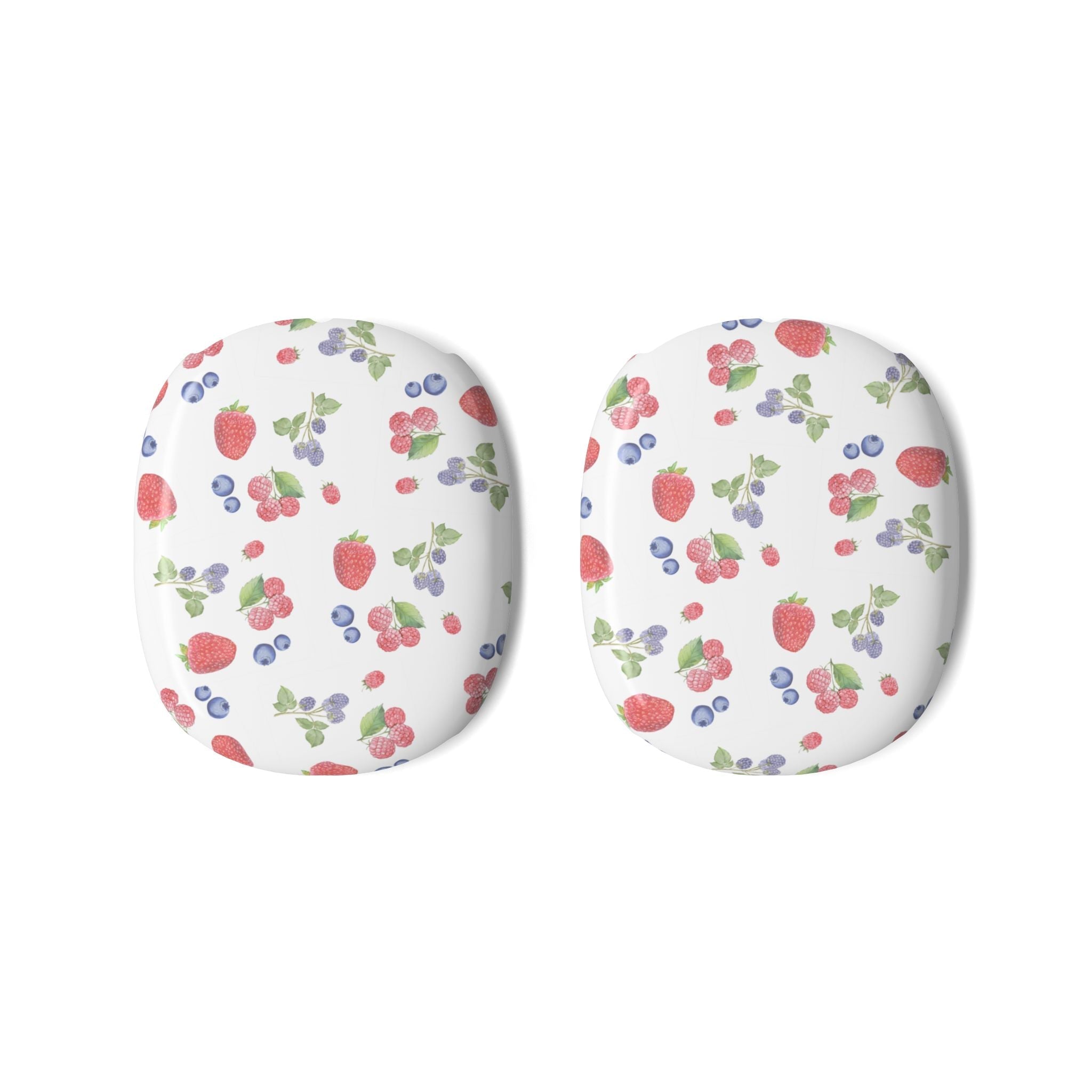 Pair of AirPods Max ear cup covers with white background and red/blue berry print