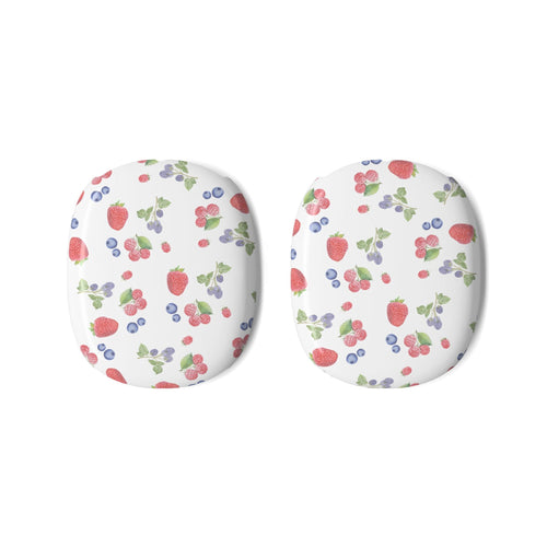 Pair of AirPods Max ear cup covers with white background and red/blue berry print