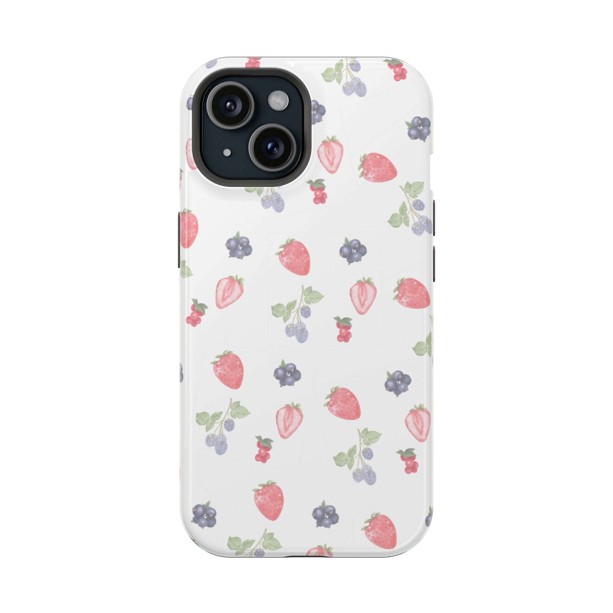 White phone case with summer berries print; camera cutouts and raised edges