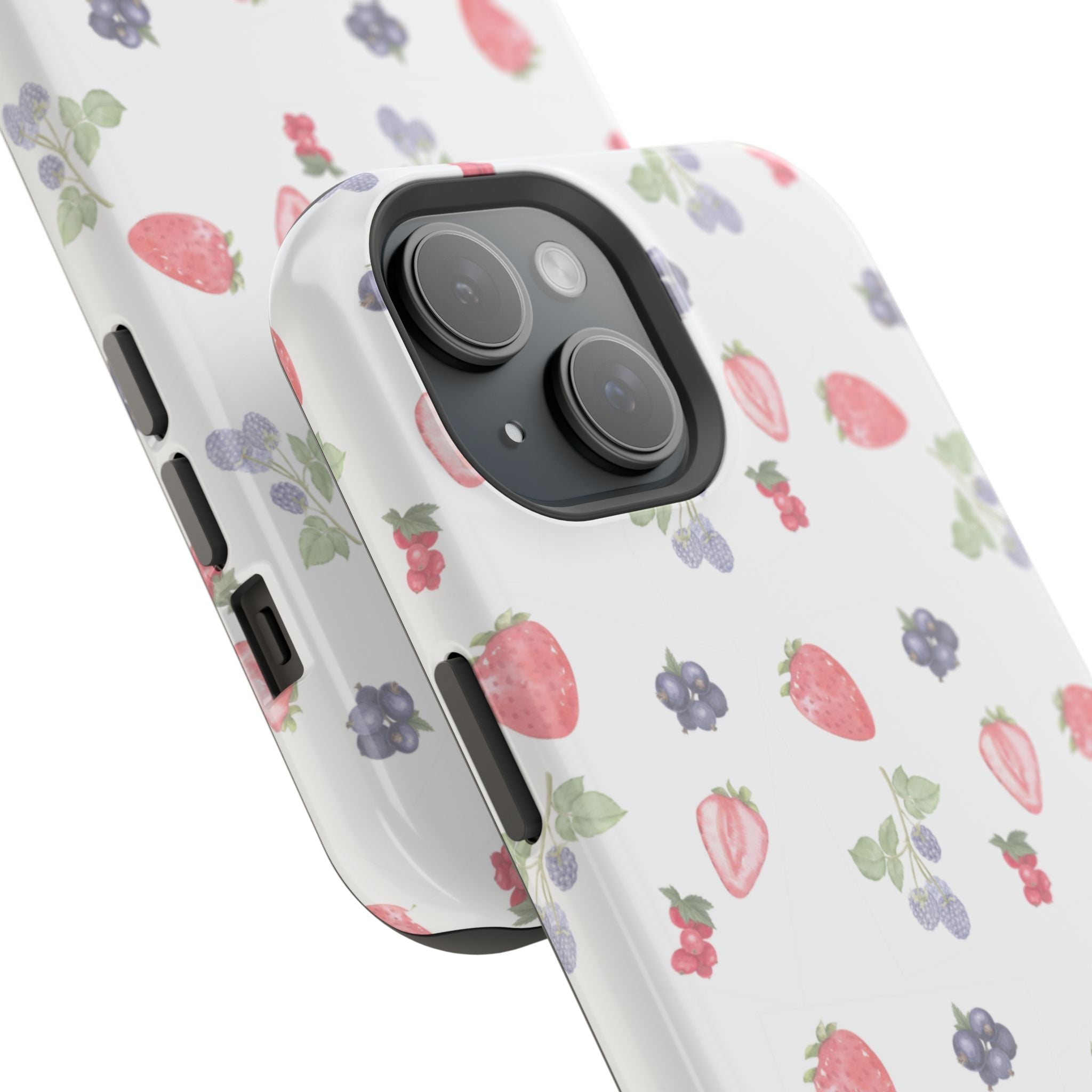 Diagonal view of white summer berries phone case with camera lenses cutout and side buttons