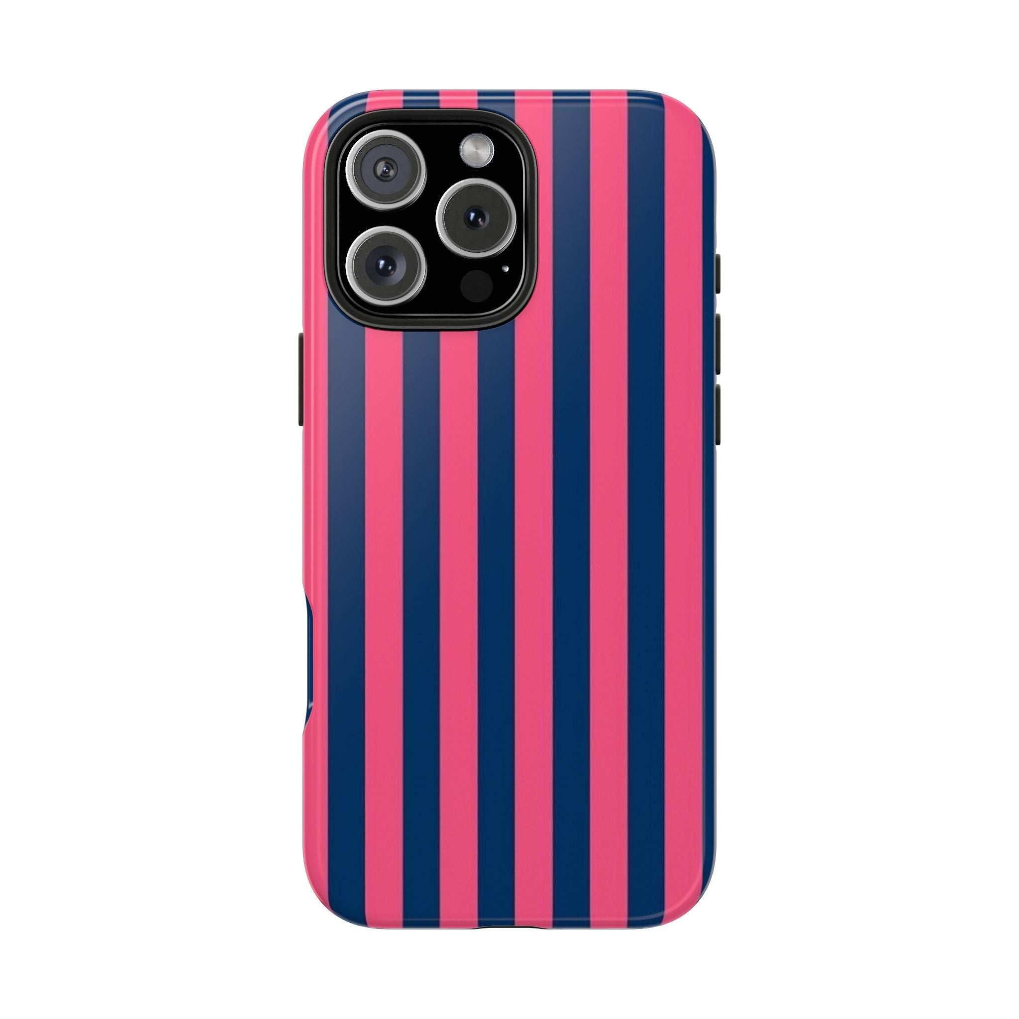 Back of summer berries stripes phone case with pink and navy vertical stripes, camera lenses