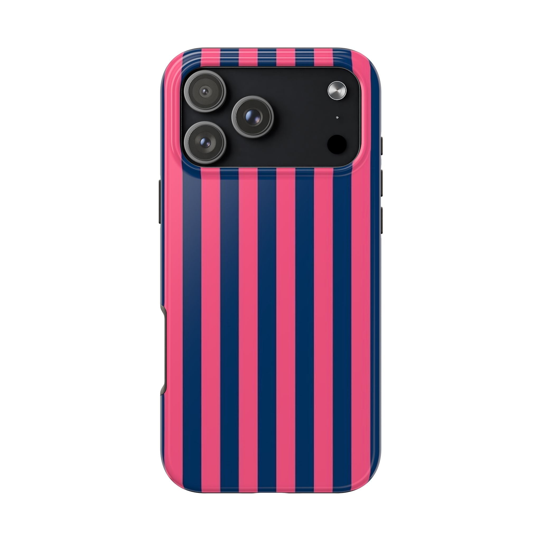 Summer berries stripes phone case, pink and navy vertical stripes, raised camera cutouts