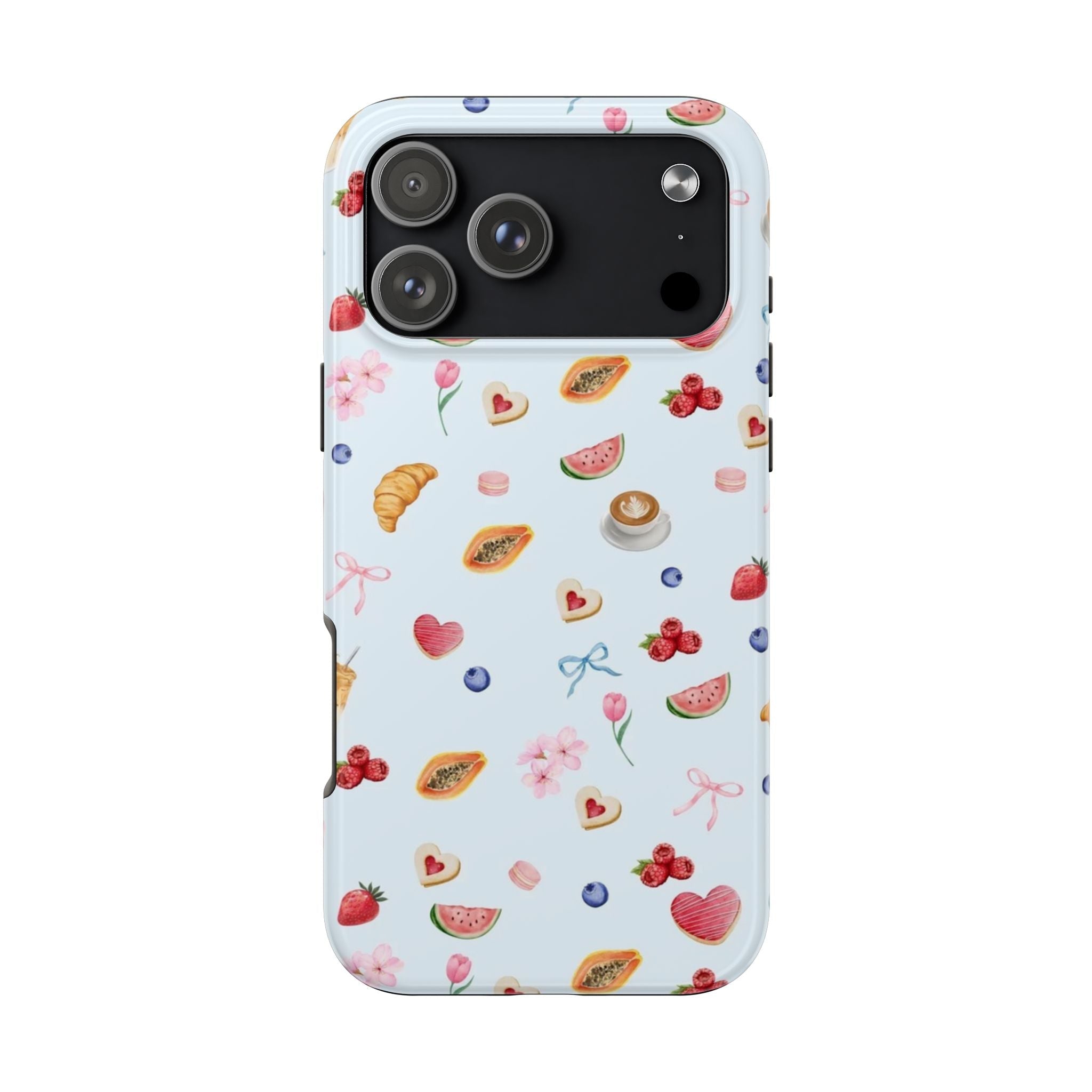 Light blue phone case with summer fruits, flowers, hearts, and croissant pattern