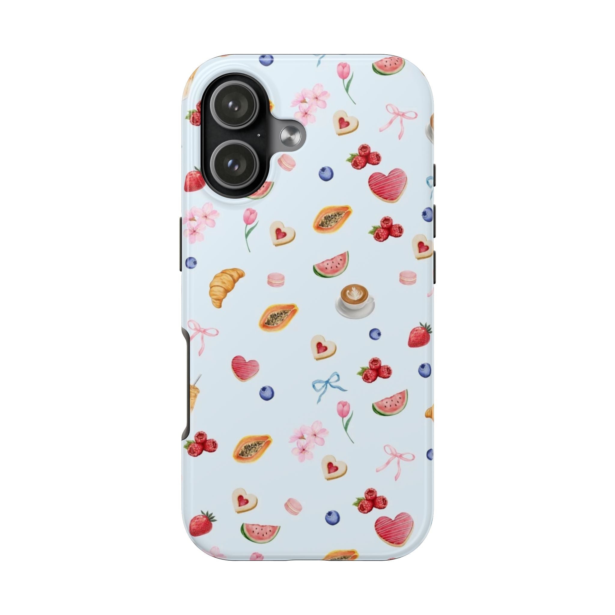 Light blue summer phone case with mixed fruits, flowers, and heart icons