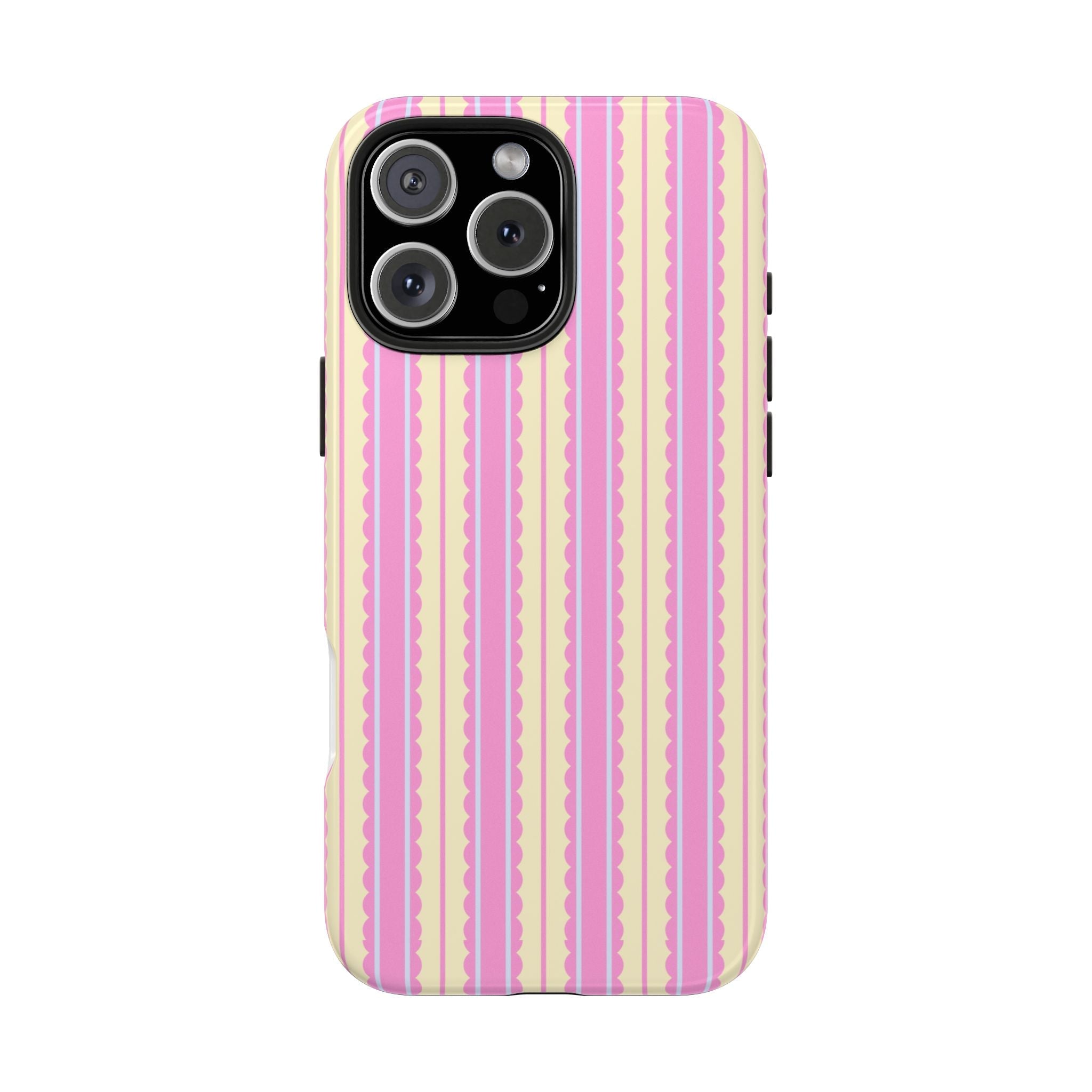 Pink and cream vertical crinkle stripe phone case with camera bump cutout