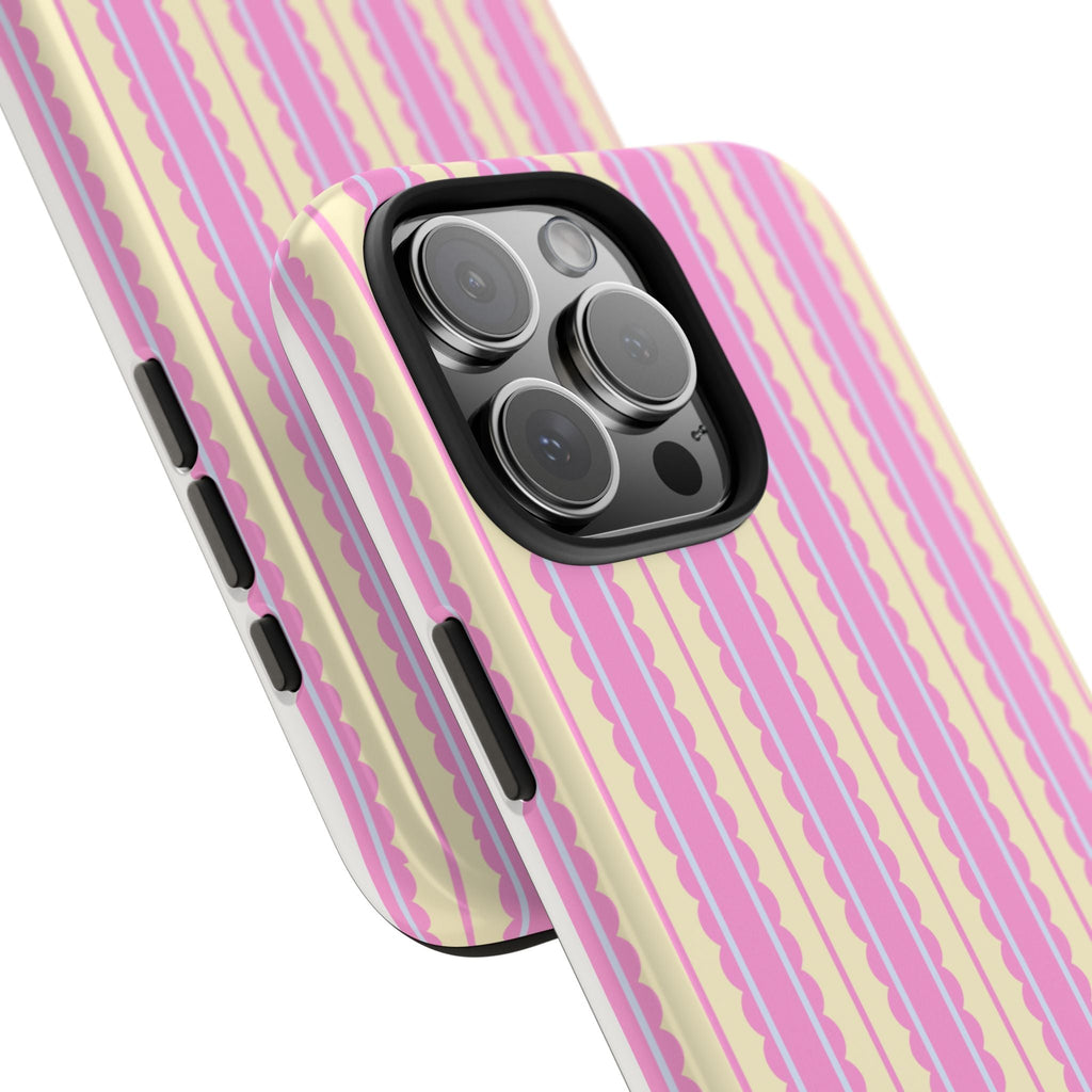 Side view: pink and cream crinkle stripe phone case with raised camera protection