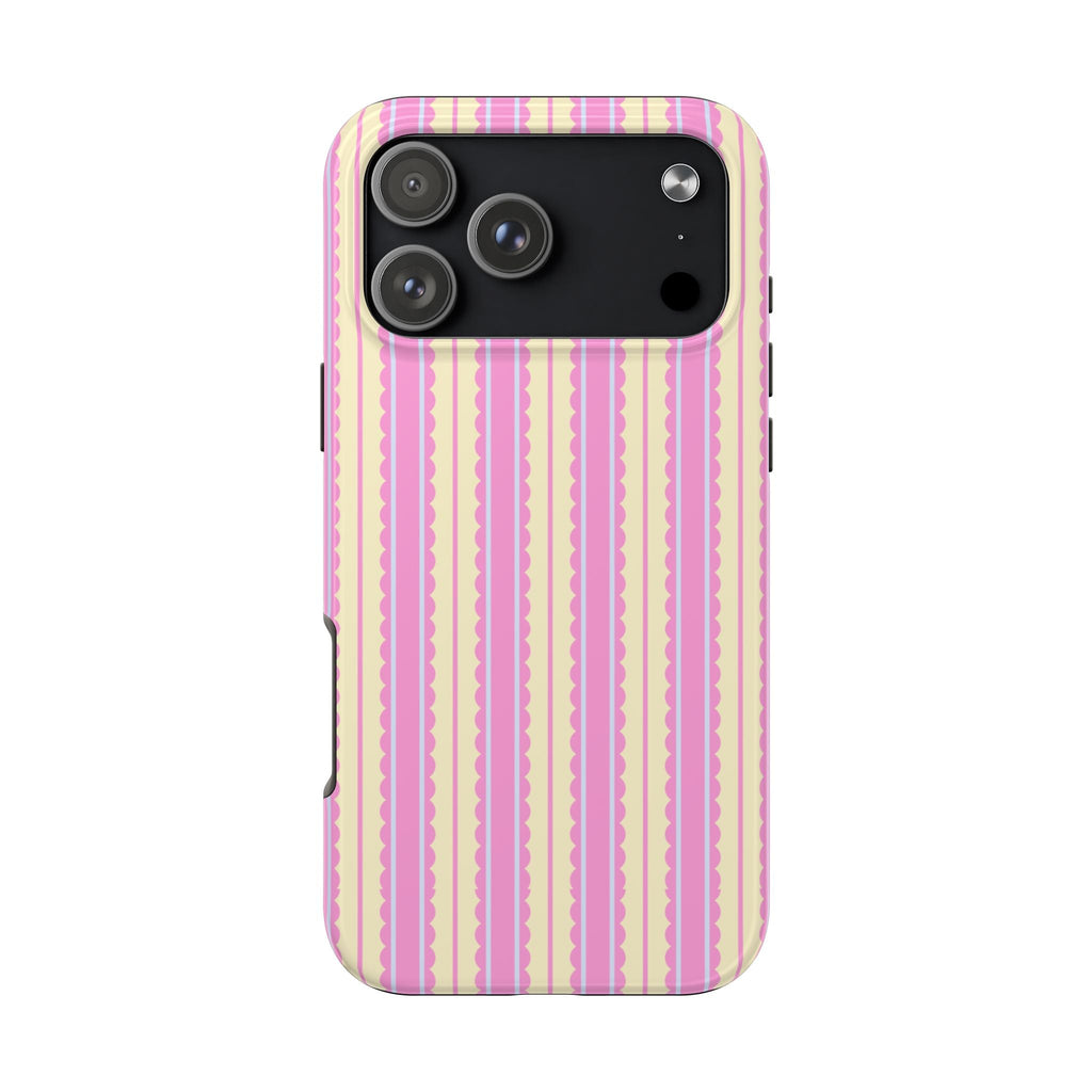 Pink and cream vertical crinkle stripe phone case with camera cutout