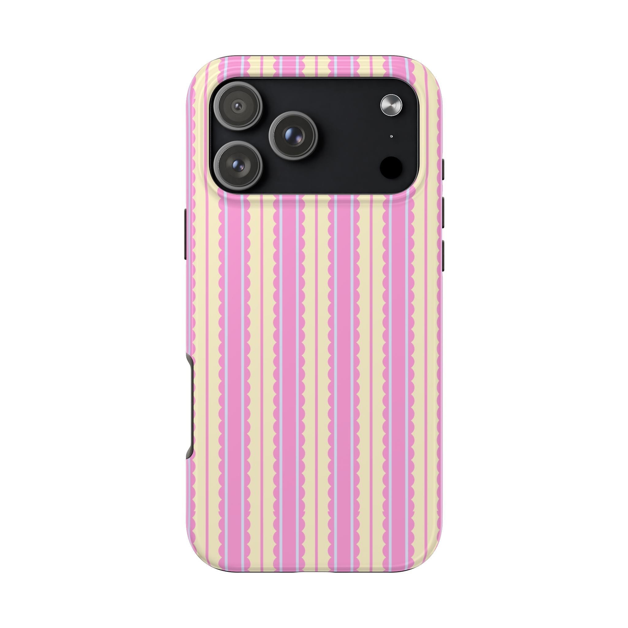 Pink and cream vertical crinkle stripe phone case with camera cutout