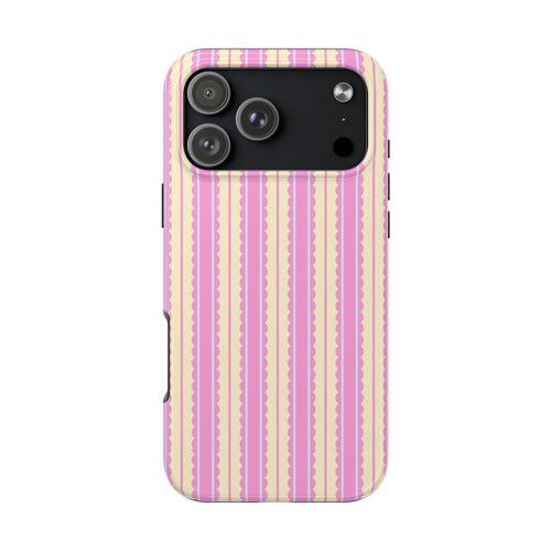 Pink and cream vertical crinkle stripe phone case with camera cutout