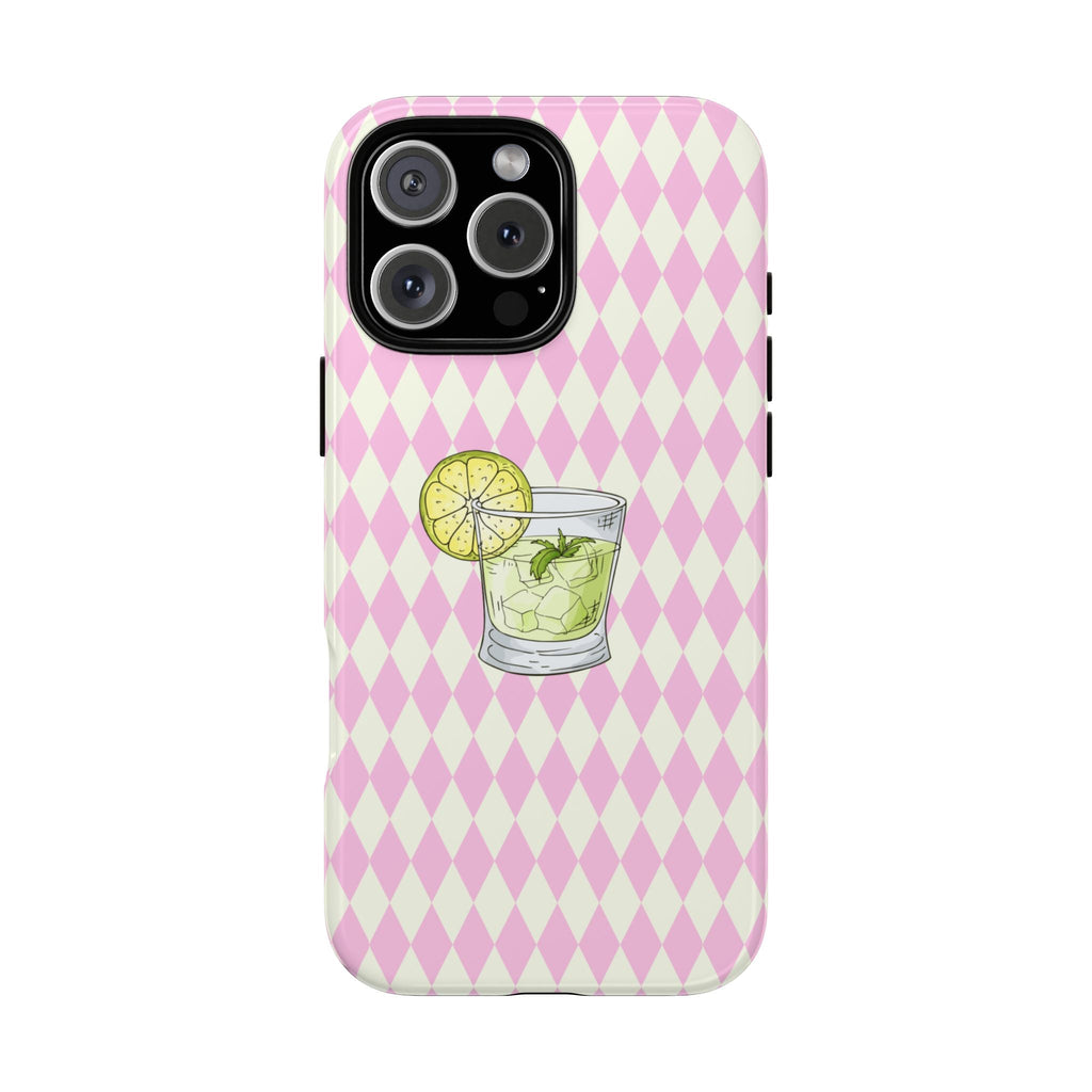 Pink diamond pattern phone case with mojito drink graphic and raised camera cover