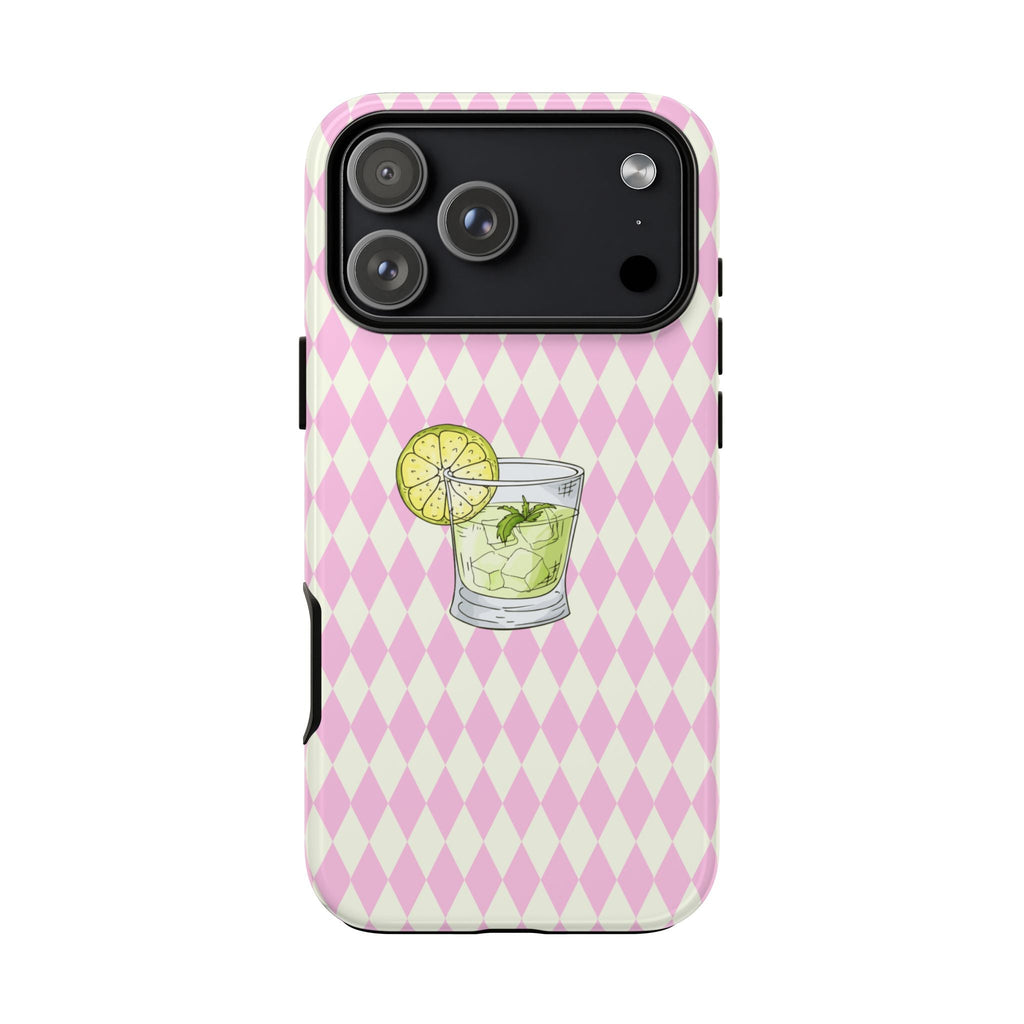 Pink diamond pattern phone case showing mojito drink graphic and camera cutouts