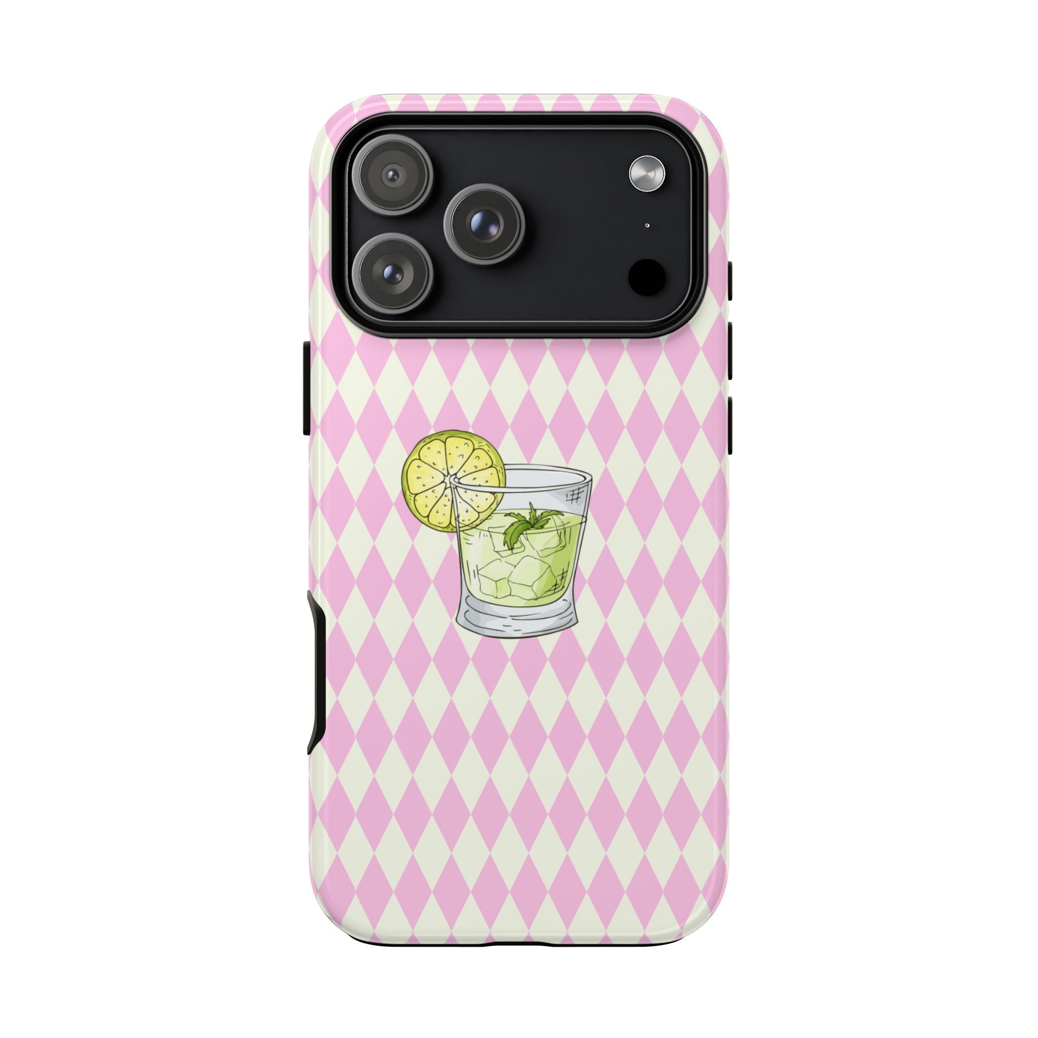 Pink diamond pattern phone case showing mojito drink graphic and camera cutouts