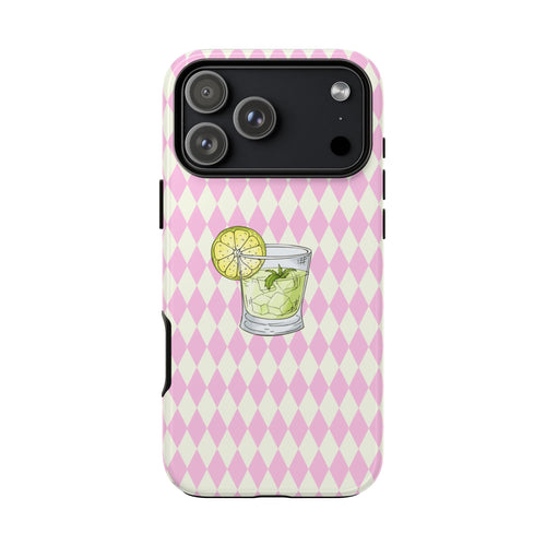 Pink diamond pattern phone case showing mojito drink graphic and camera cutouts