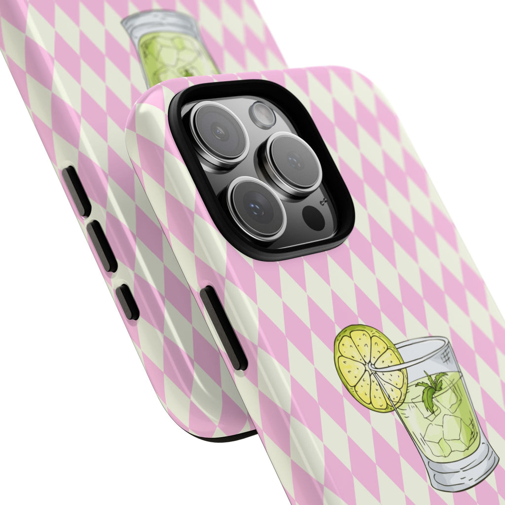 Side view pink diamond mojito phone case with raised lens ring and drink illustration