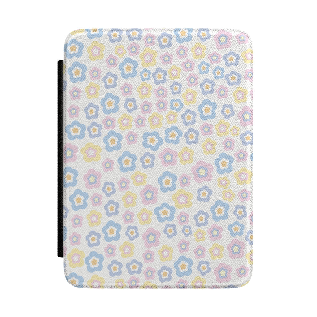 Hardcover kindle case with pastel ditsy floral pattern in blue, yellow, pink, and purple