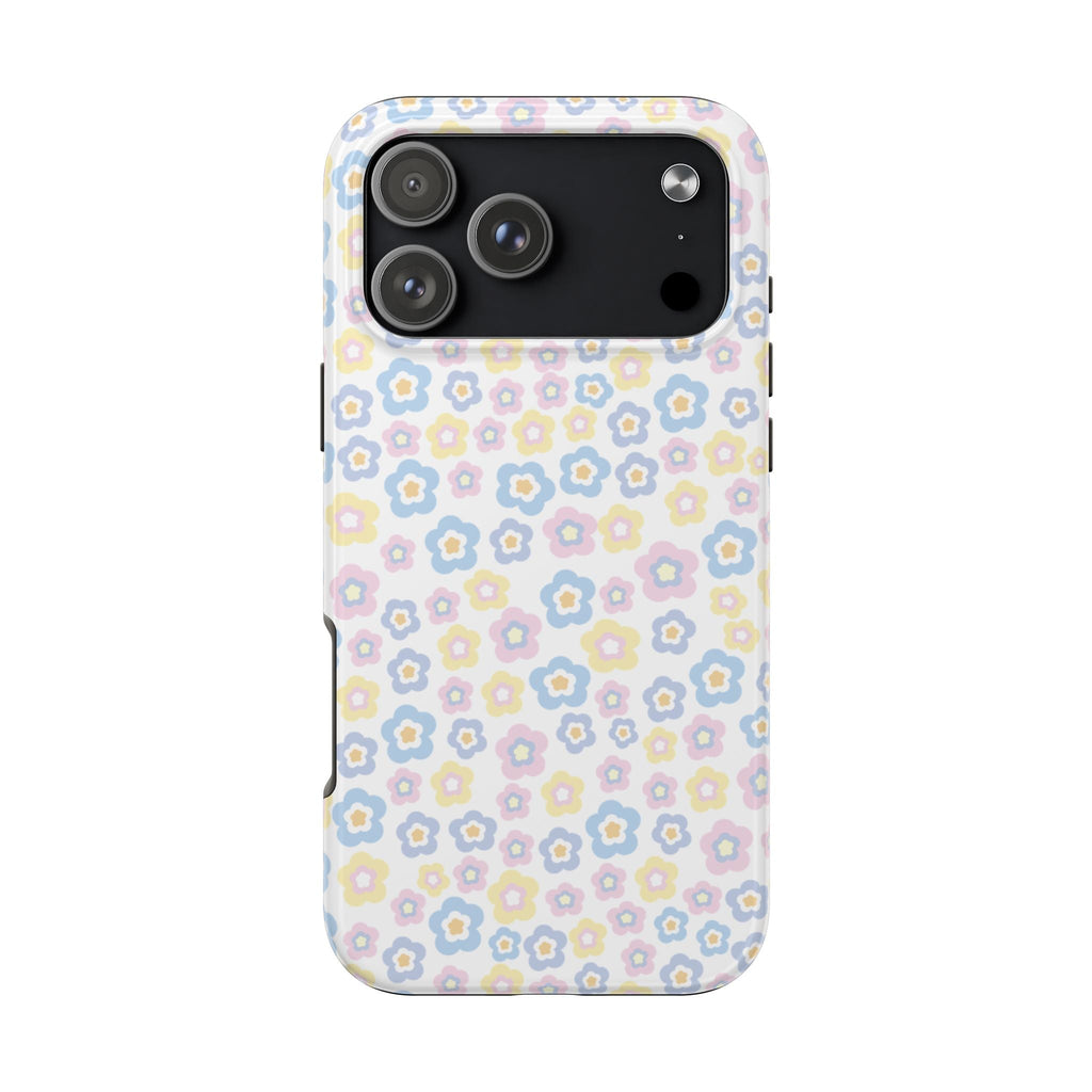 Pastel ditsy floral phone case with camera cutout and raised lens rims