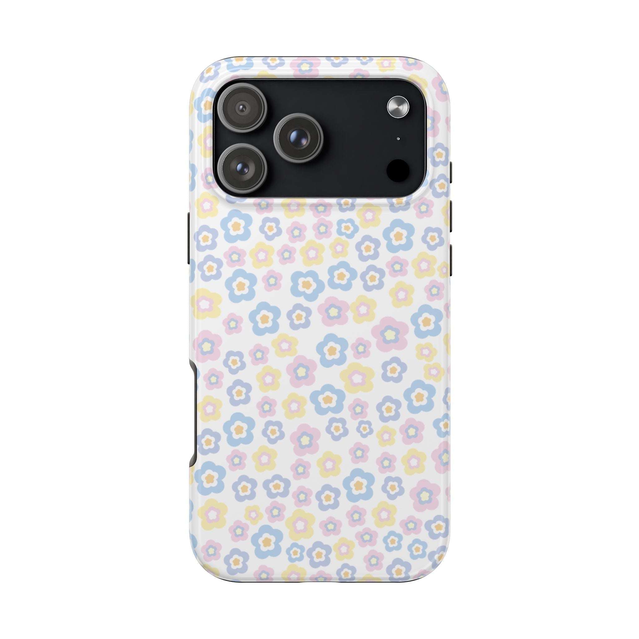 Pastel ditsy floral phone case with camera cutout and raised lens rims