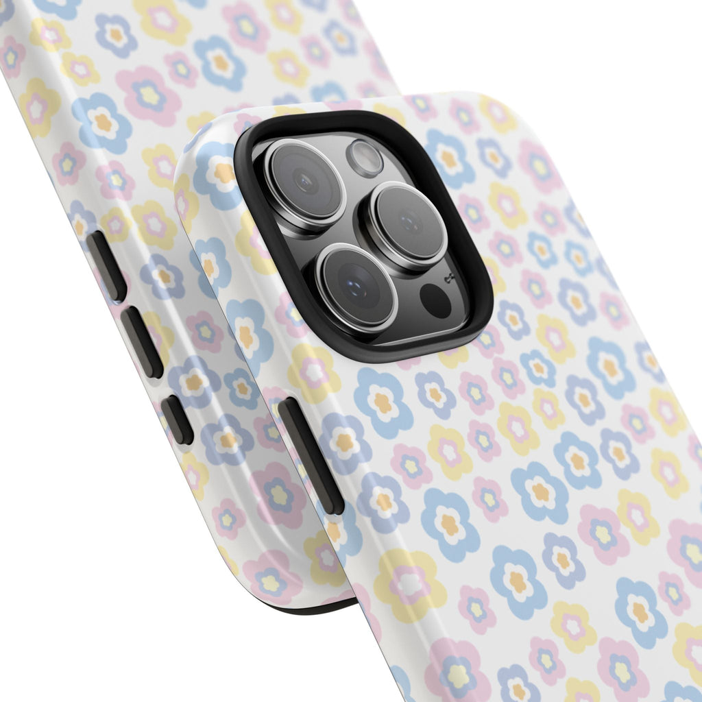 Ditsy floral phone case angle view with side button cutouts and camera lenses