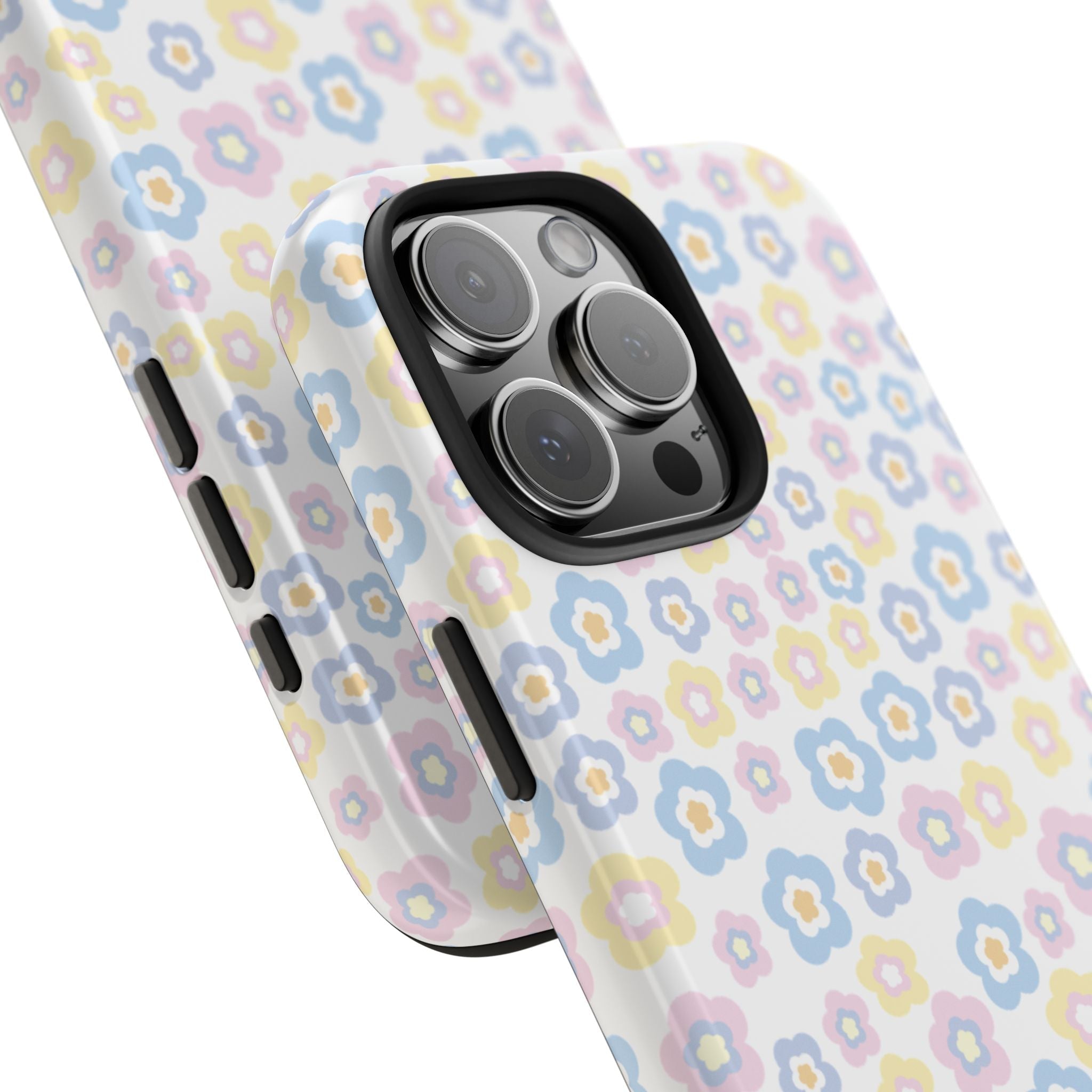Ditsy floral phone case angle view with side button cutouts and camera lenses
