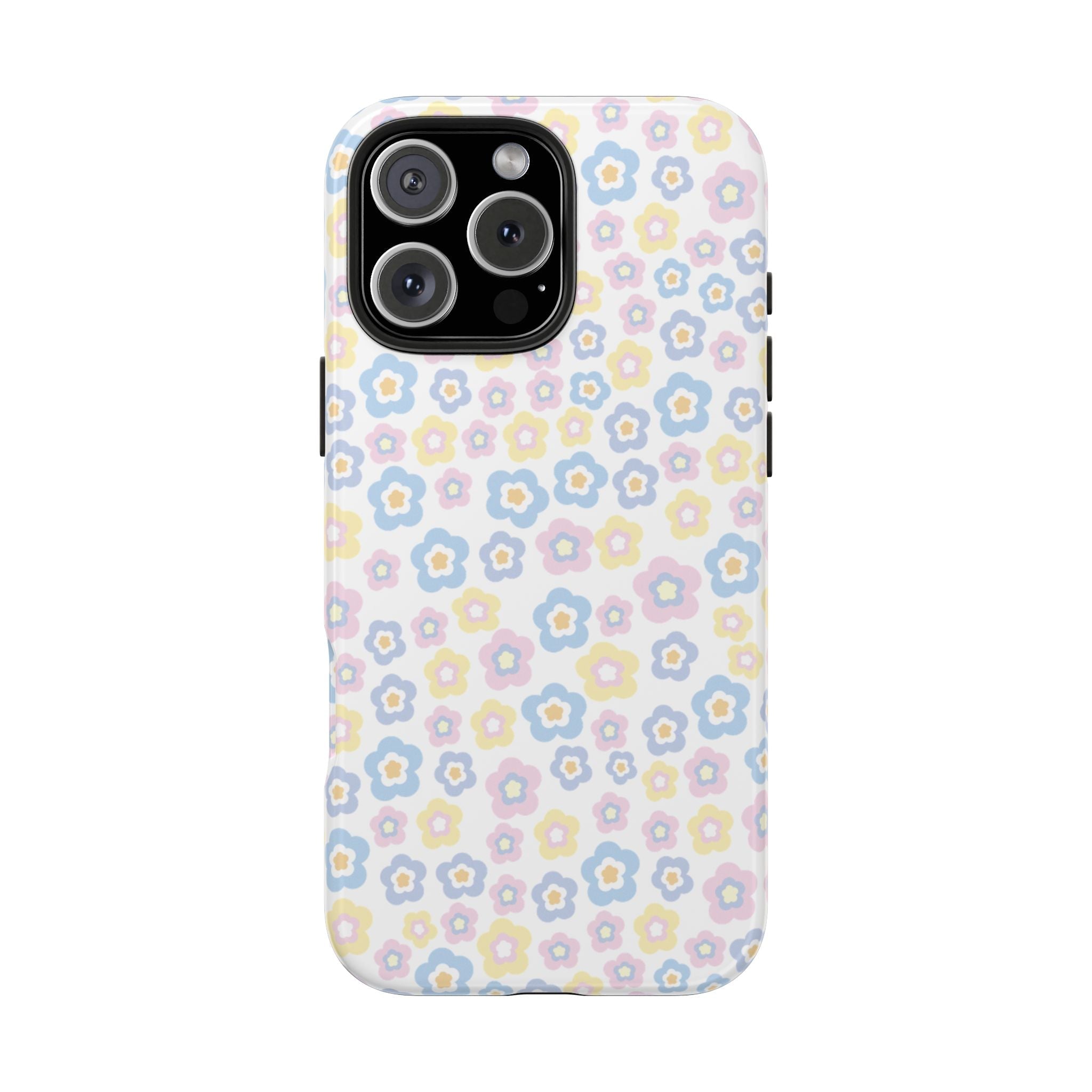 Pastel ditsy floral phone case, back view with large camera module opening