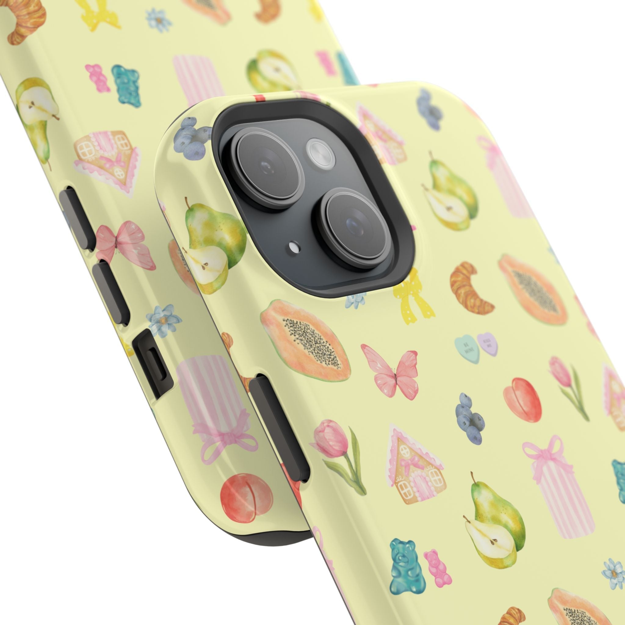Summer fruits collage phone case, pale yellow print with pears and butterflies, angled