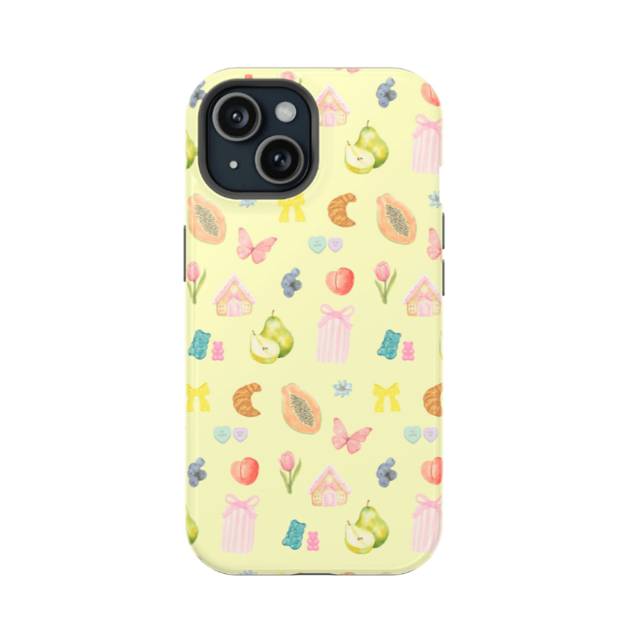 Summer fruits collage phone case, pale yellow with pears, butterflies, houses, colorful print