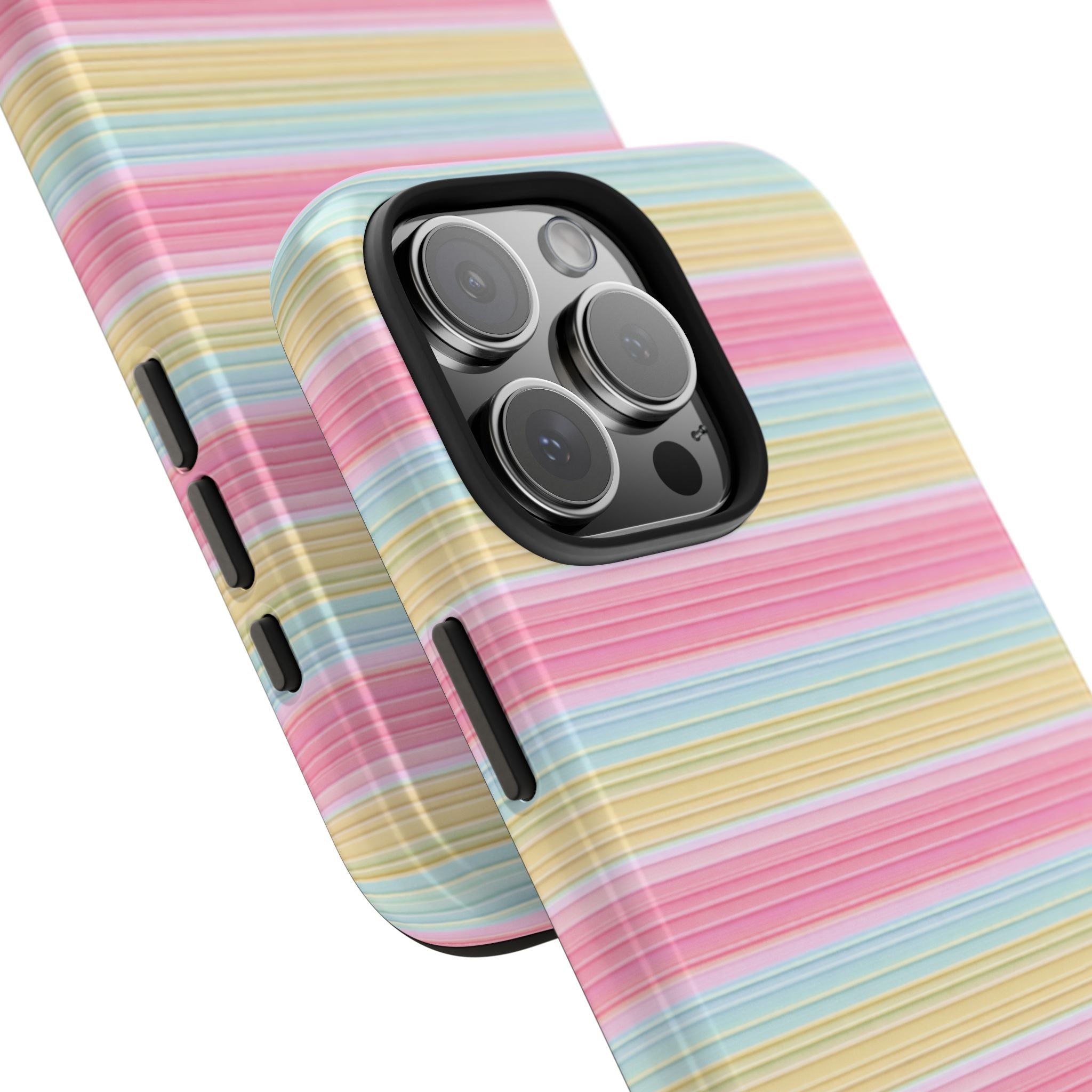 Pastel striped phone case from angled side view, showing camera lens cutout