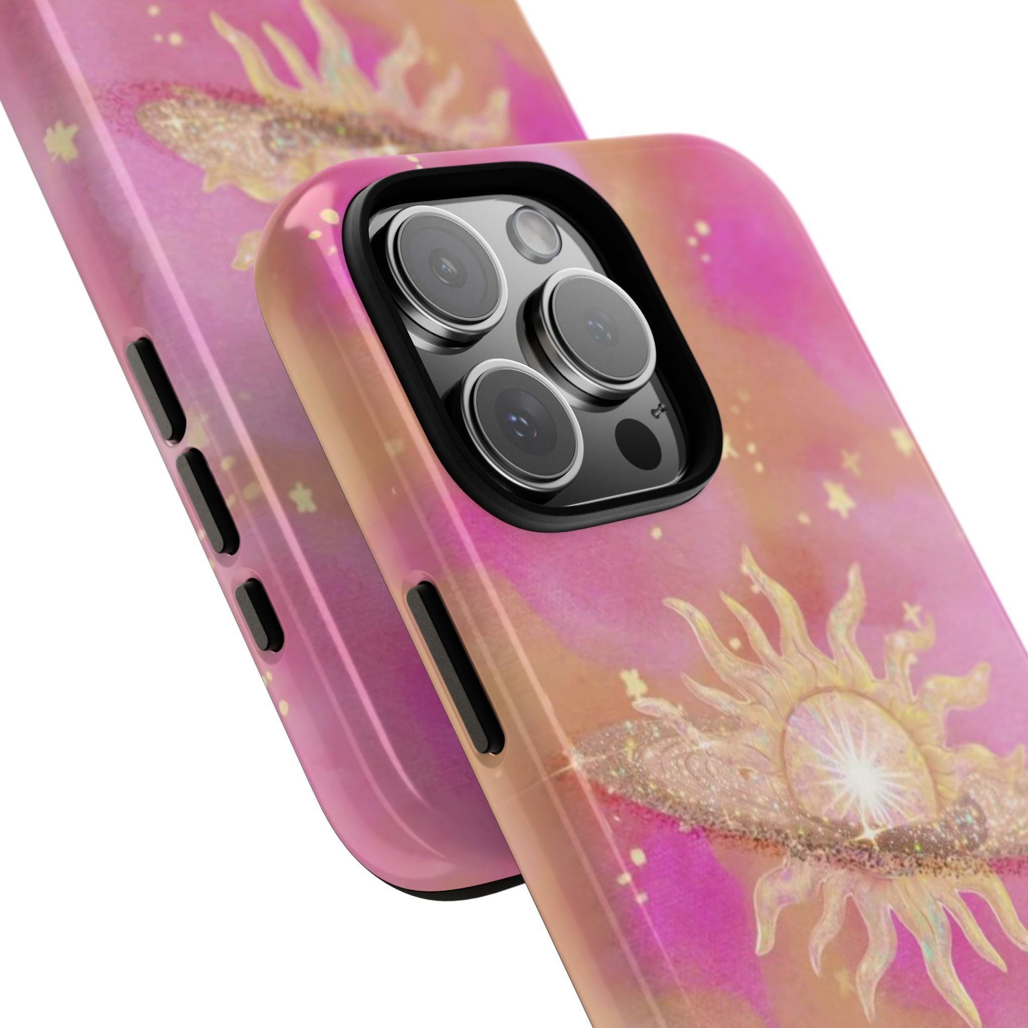 SUN HALO phone case angled view in pink with gold sunburst graphic and star speckles; side buttons