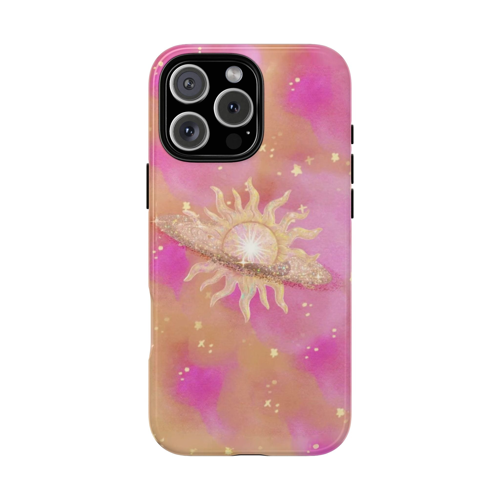 SUN HALO phone case in pink with gold sunburst and star speckles; raised camera cutout
