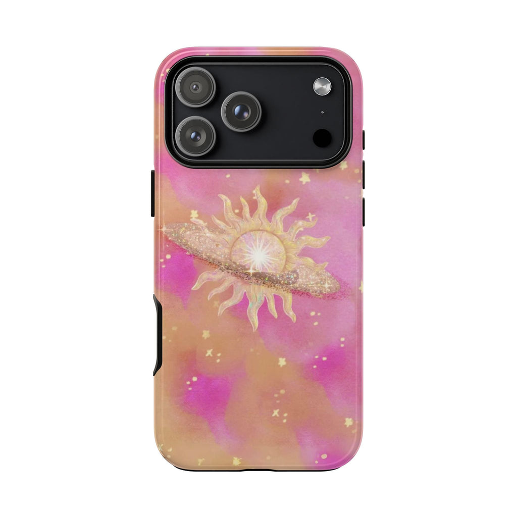 SUN HALO phone case with pink-purple gradient, gold sunburst, and star speckles; camera frame