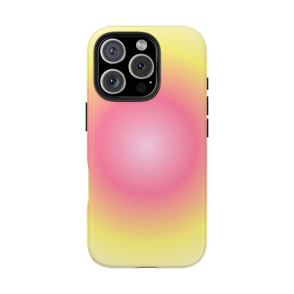 Pink and yellow aura phone case showing triple camera cutout and flash opening
