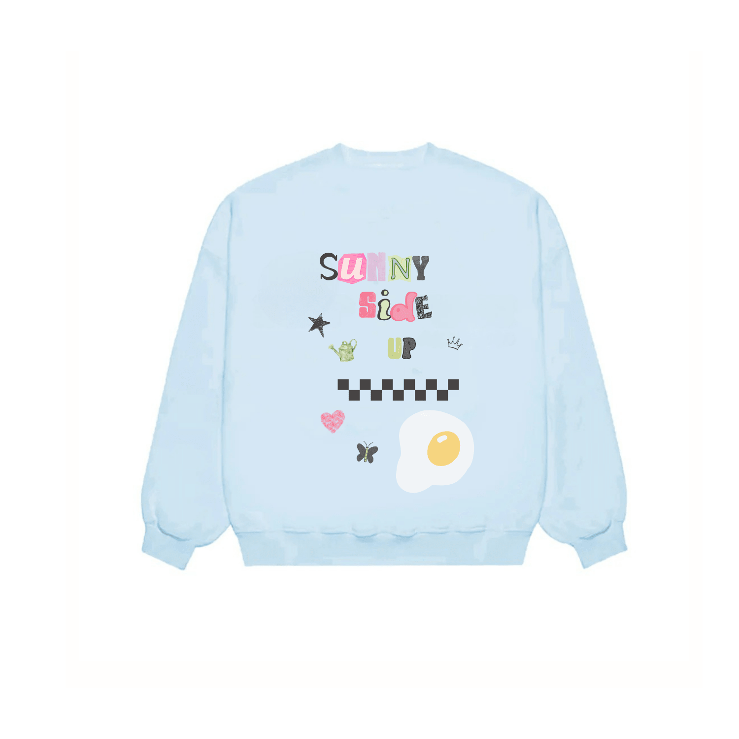 Lightweight crewneck sweatshirt, baby blue, “SUNNY SIDE UP” graphic and egg