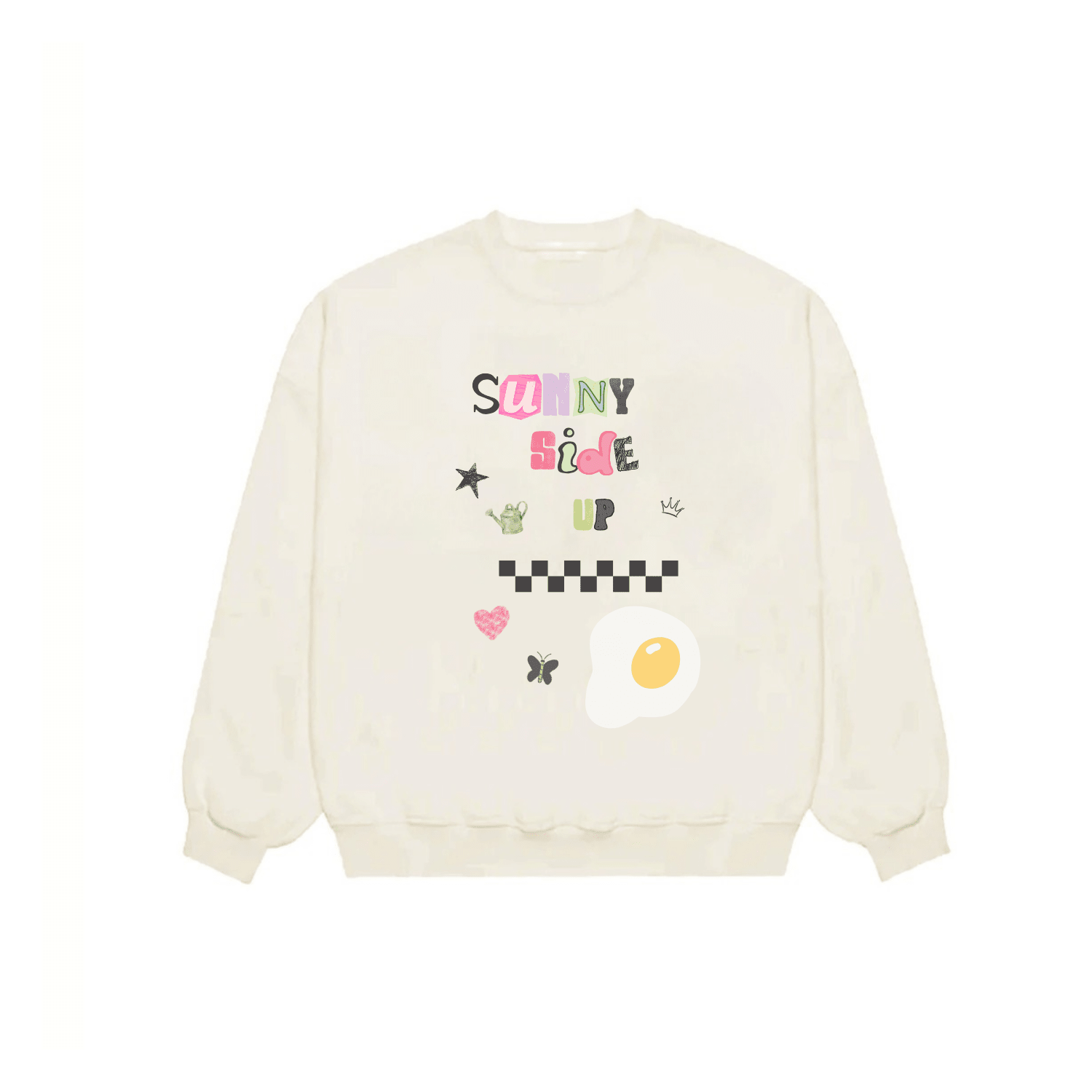 Lightweight crewneck sweatshirt, ivory, “SUNNY SIDE UP” graphic and egg