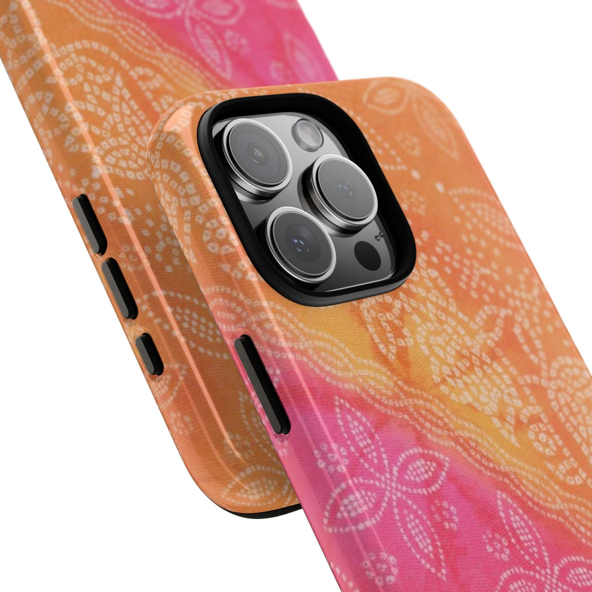 SUNSET BANDANA phone case close-up: orange and pink gradient bandana pattern with white motif