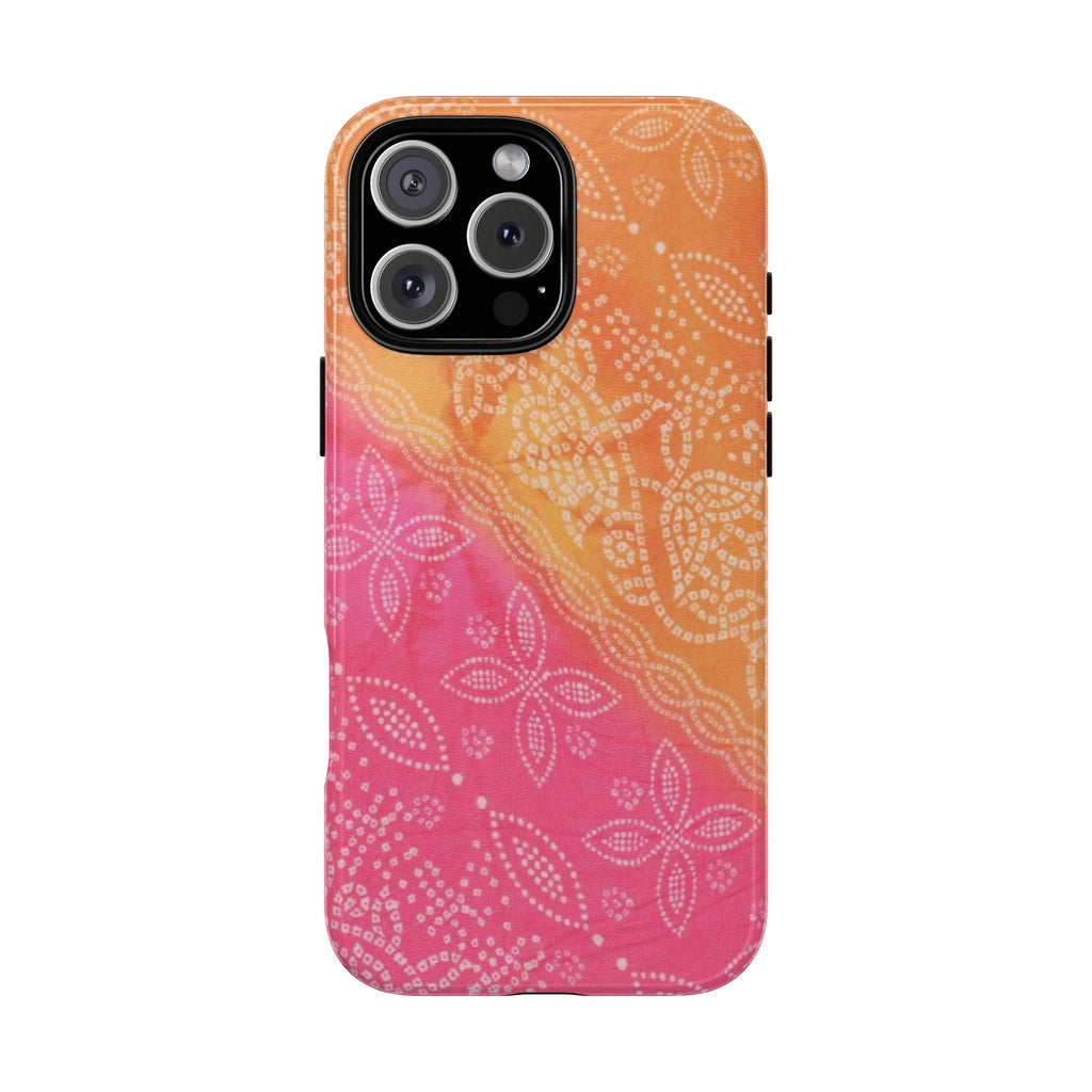 SUNSET BANDANA phone case with pink and orange gradient and white leaf pattern