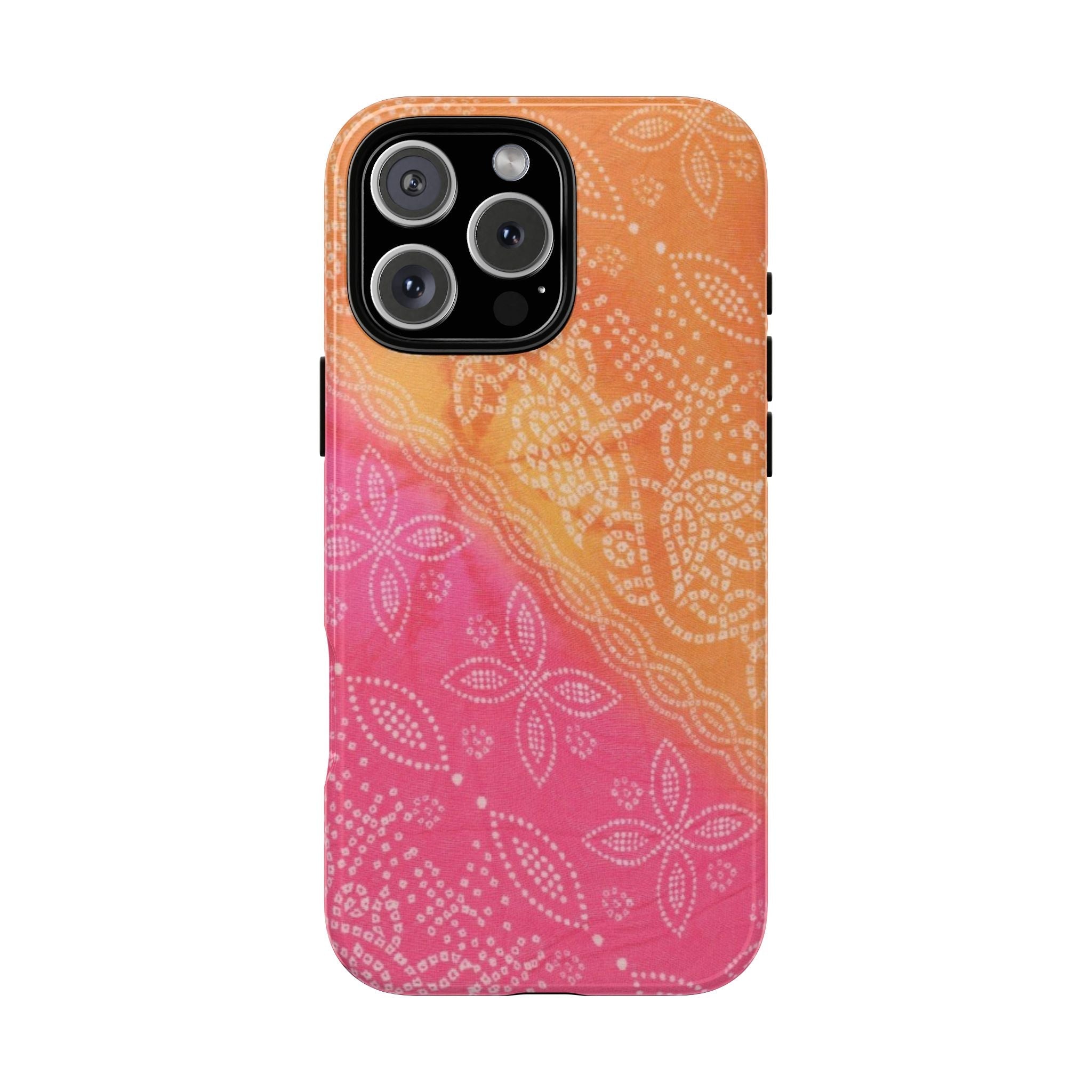SUNSET BANDANA phone case with pink and orange gradient and white leaf pattern