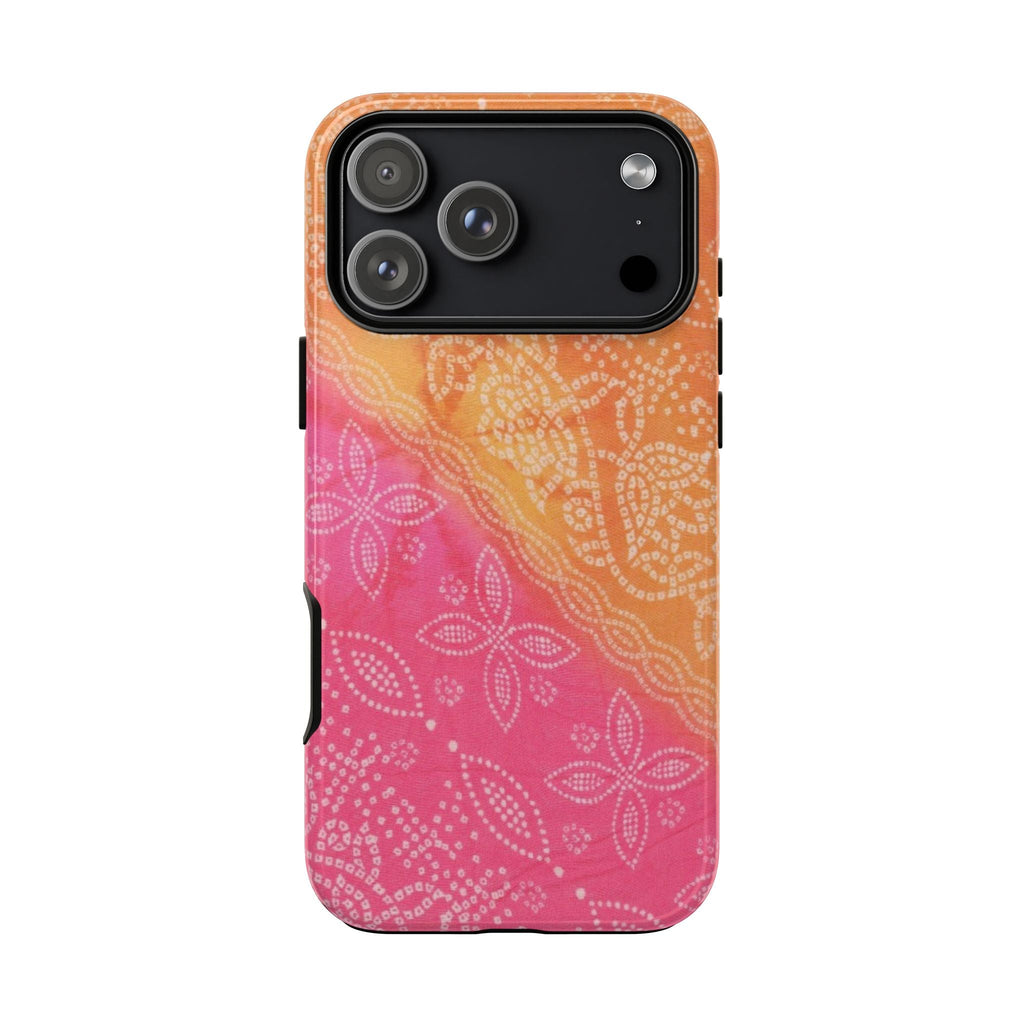 SUNSET BANDANA phone case featuring a pink-to-orange tie-dye bandana print with white dots