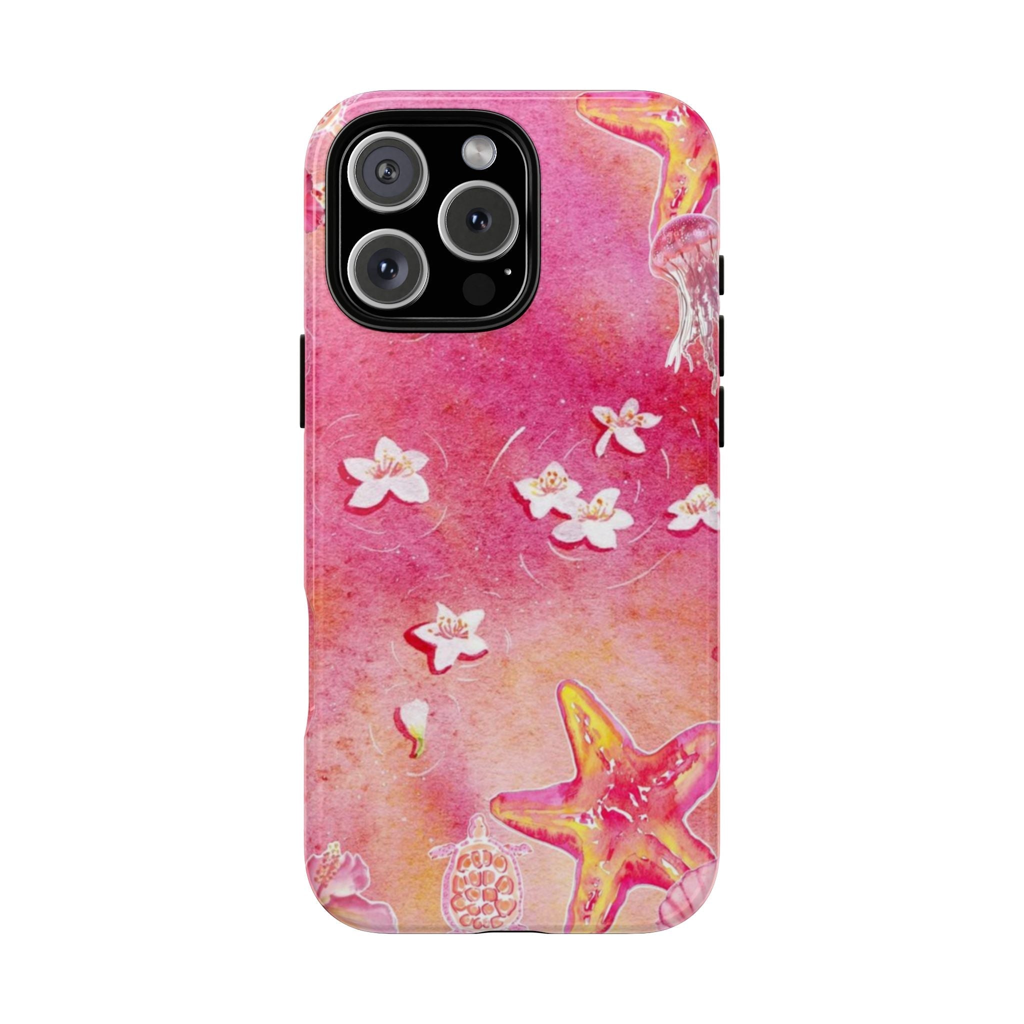 Sunset beach shell phone case in pink with starfish, seashells and flowers