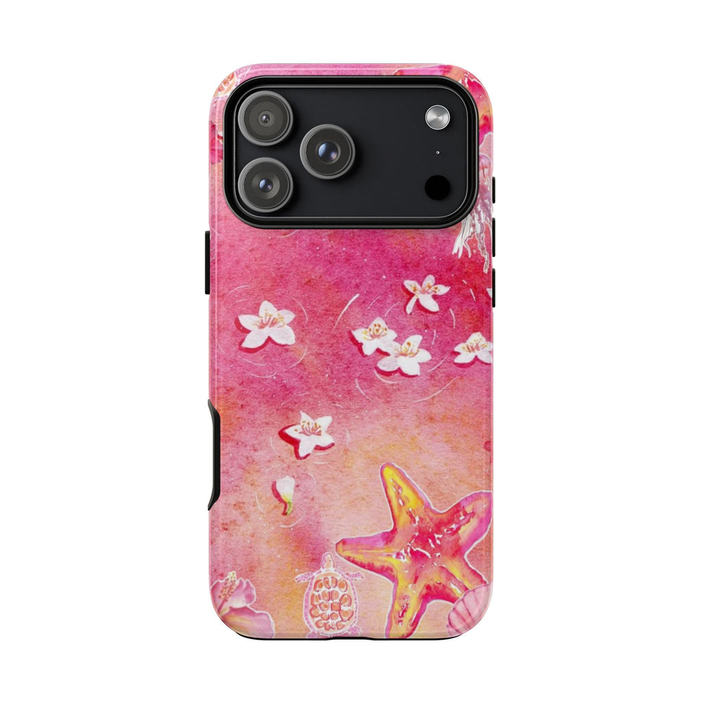 Pink sunset beach shell phone case with starfish and shell motifs, camera cutout visible