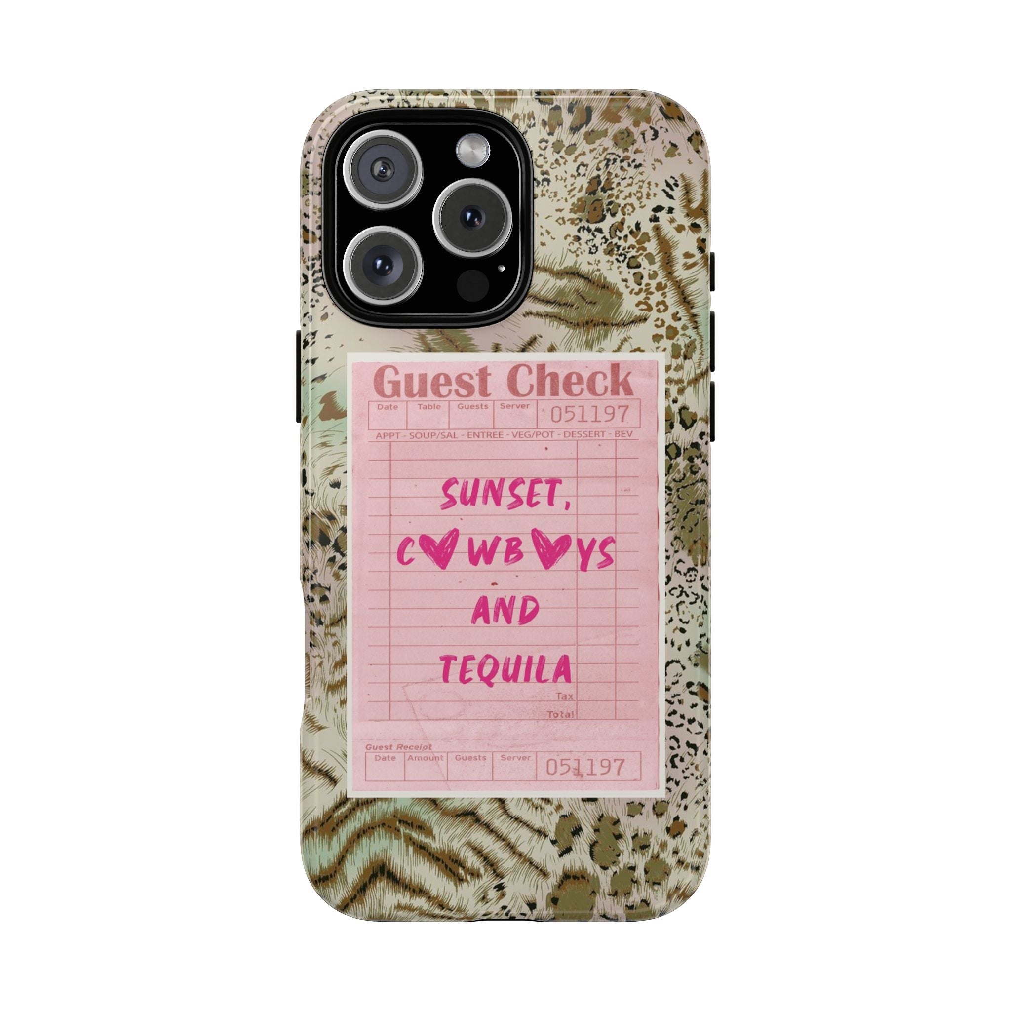 Green leopard-print phone case with pink Guest Check card and sunset lettering