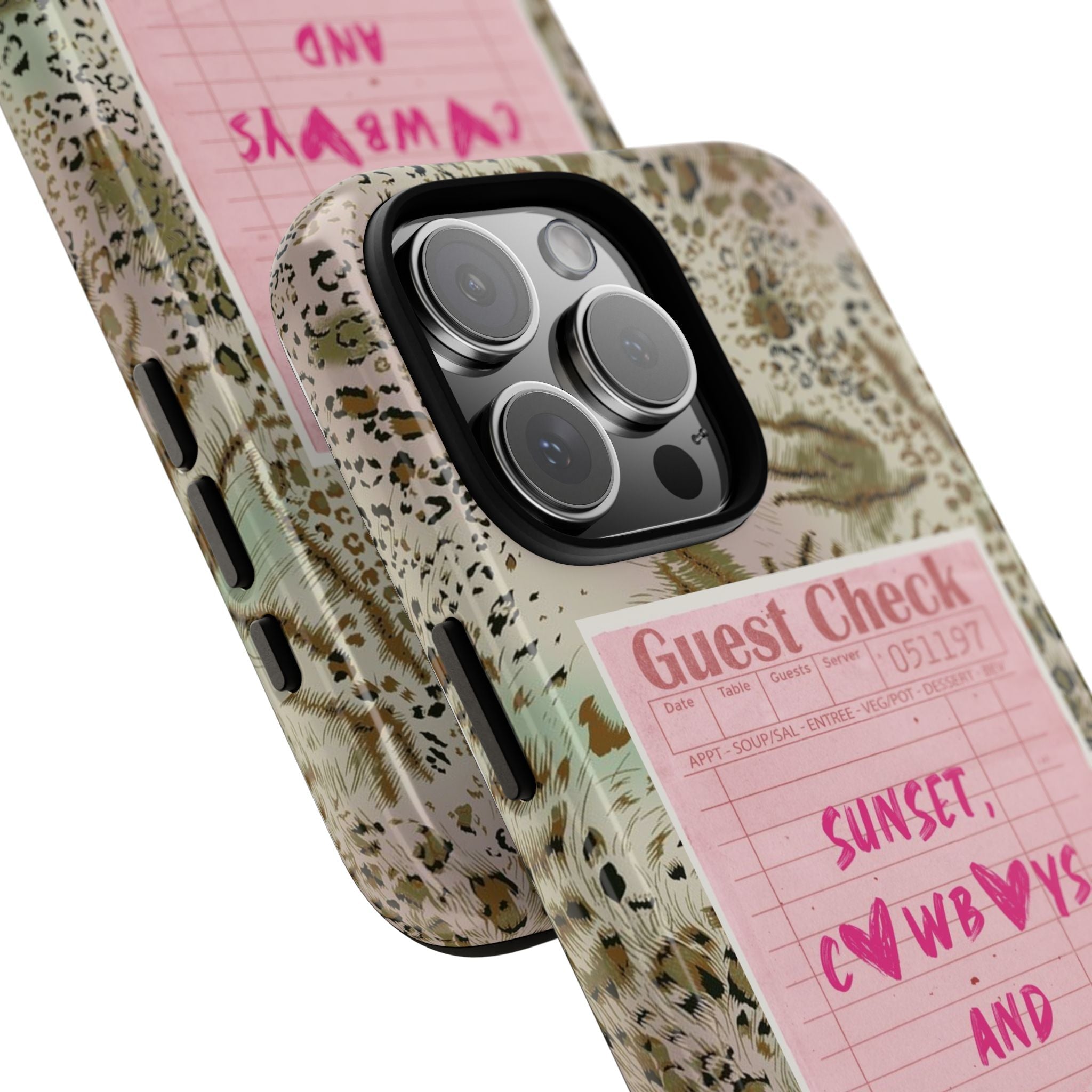 Green animal-print phone case with pink Guest Check ticket on front, angled view