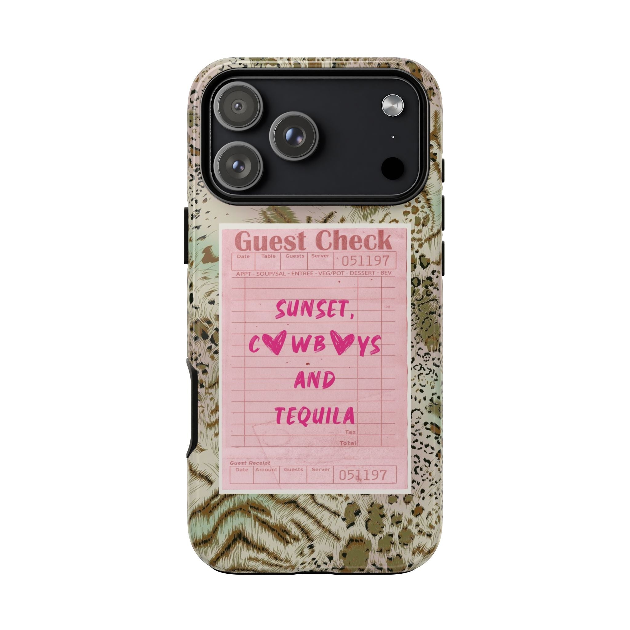 Green animal-print phone case with black camera panel and pink Guest Check card