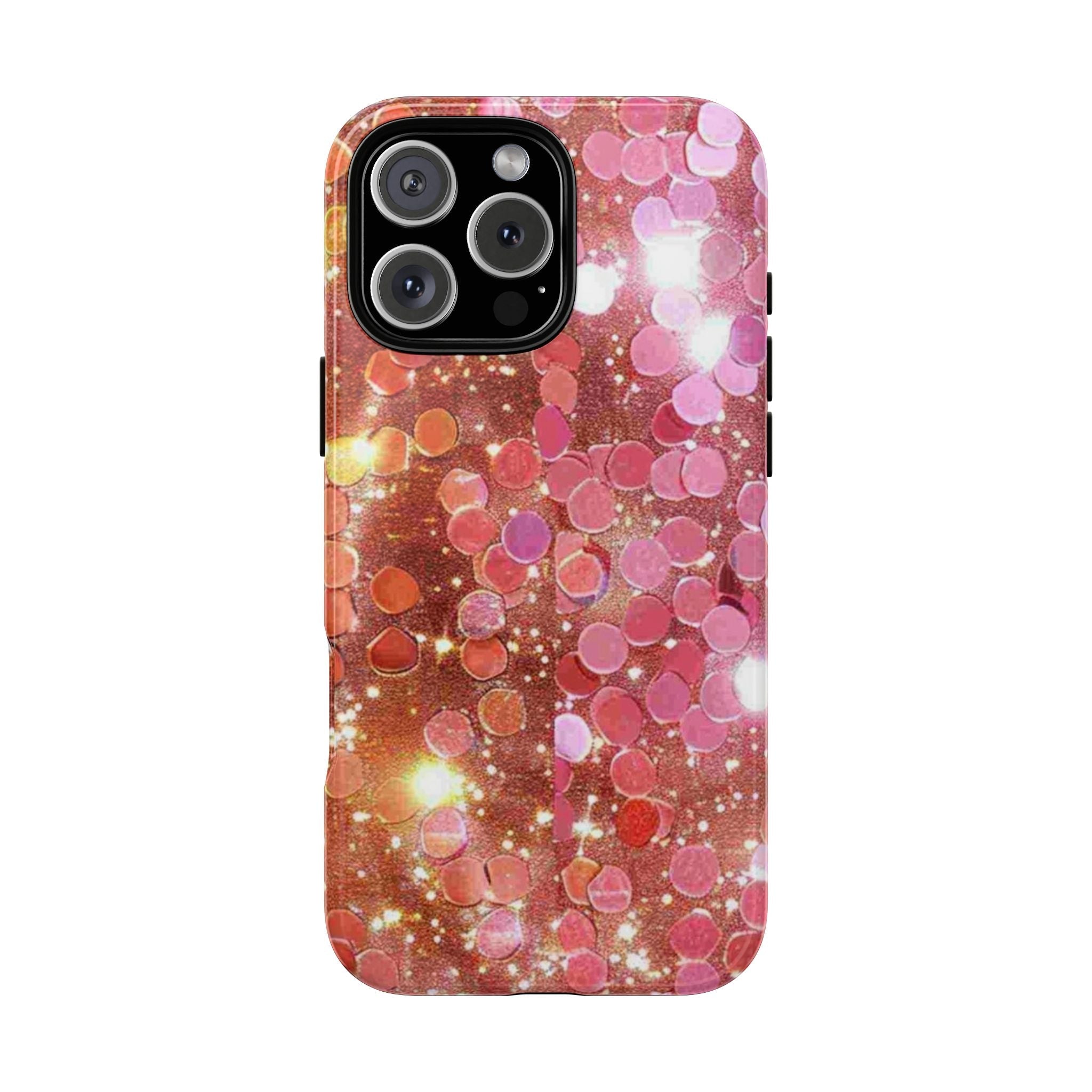 Sunset disco phone case with pink, orange, and purple bokeh sparkle design